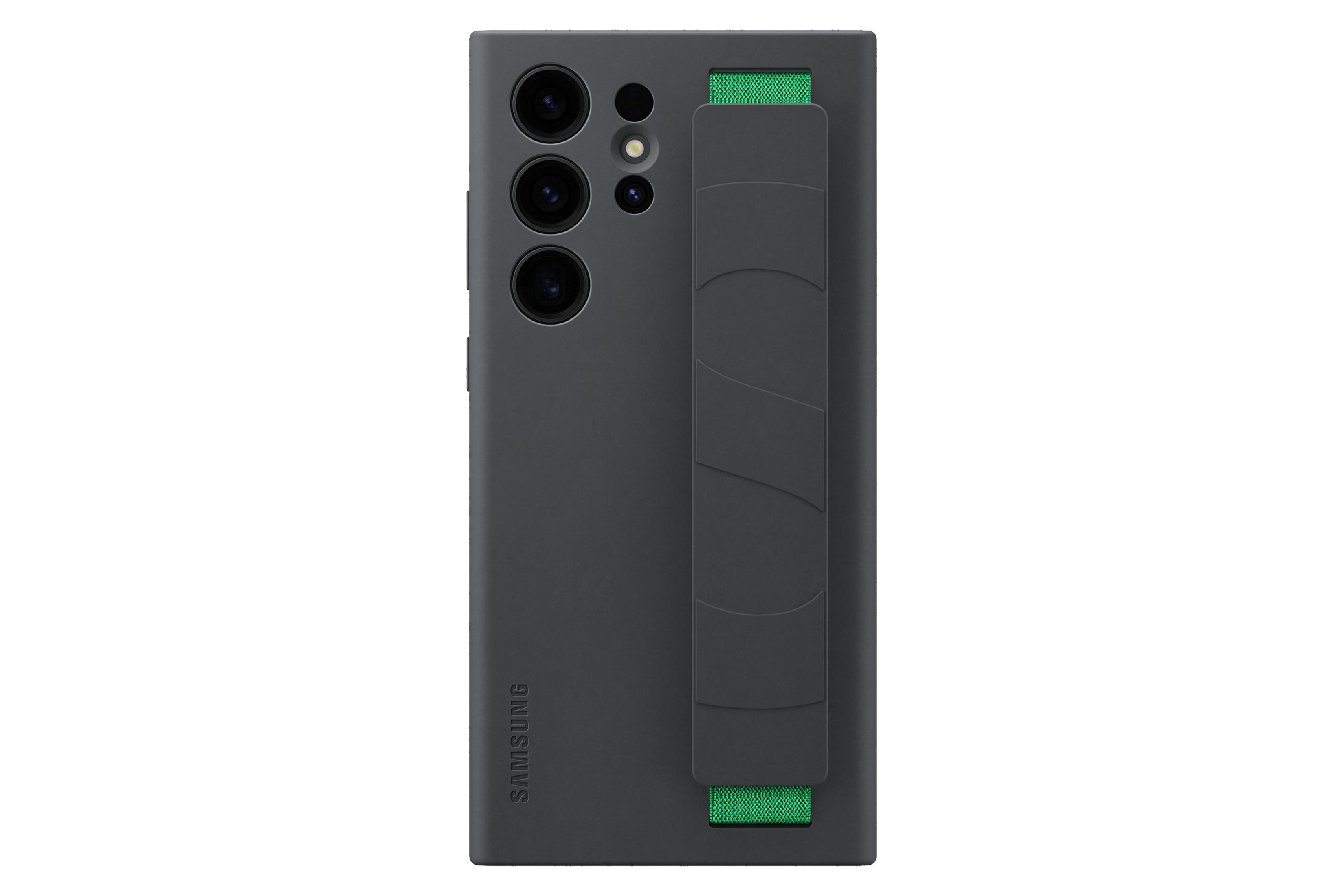 Donkergrijze telefoonhoes met een groene band. Het heeft drie camera's en het Samsung logo.