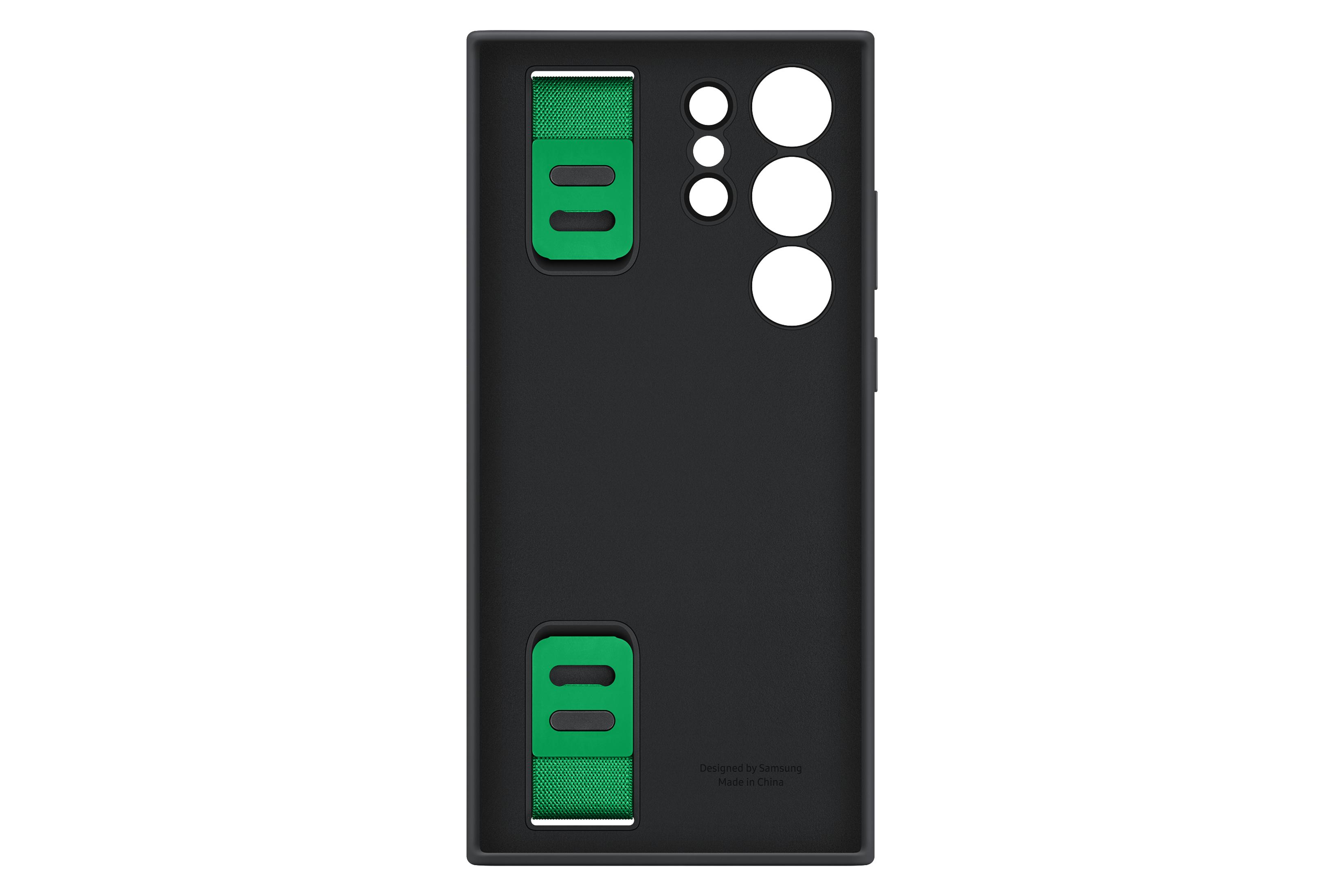 Zwarte telefoonhoes met groene bandjes op witte achtergrond.