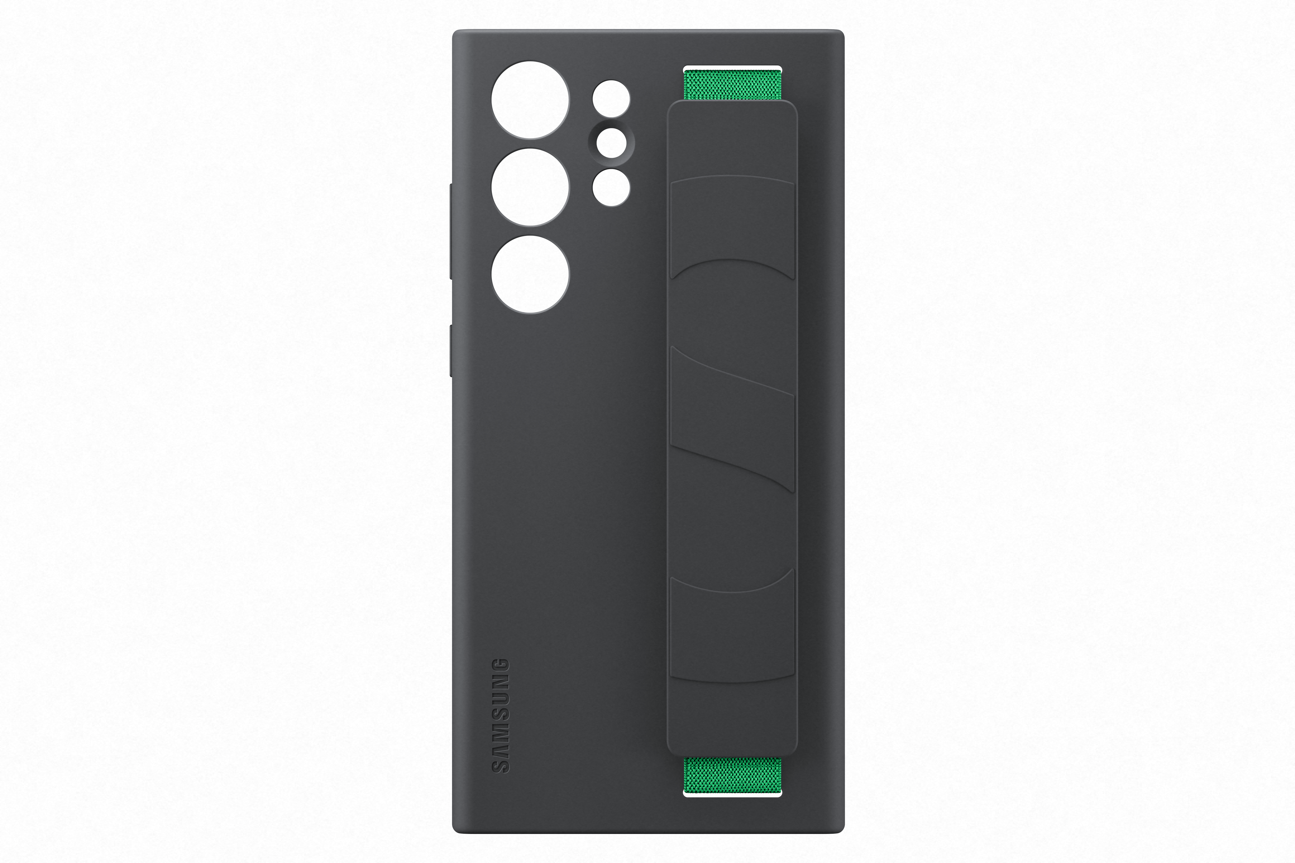 Zwarte telefoonhoes voor Samsung. Met gripband, camera-uitsparingen en het Samsung-logo.
