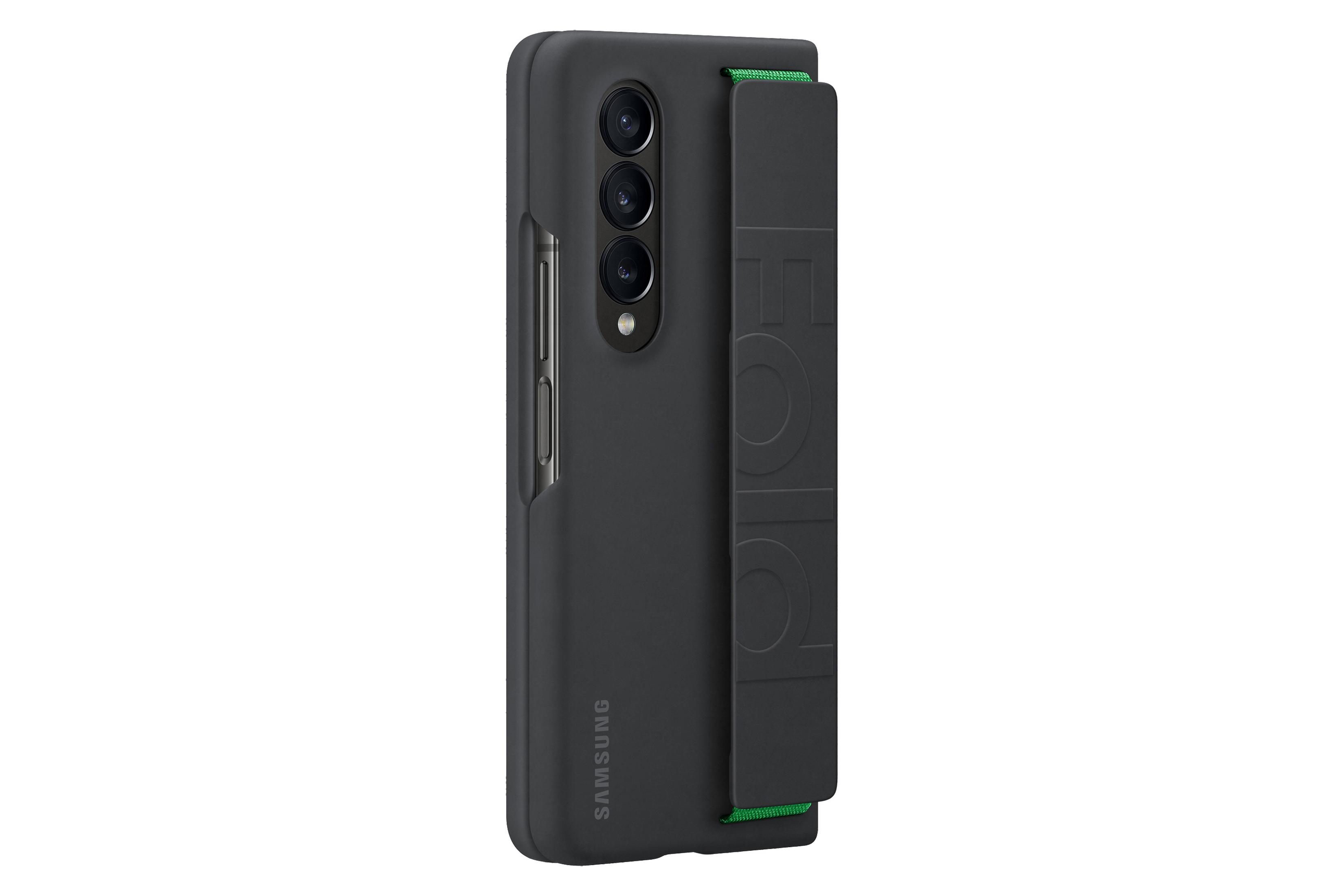 Schwarze Samsung-Handyhülle mit angebrachtem Riemen, Rückansicht, auf weißem Hintergrund.