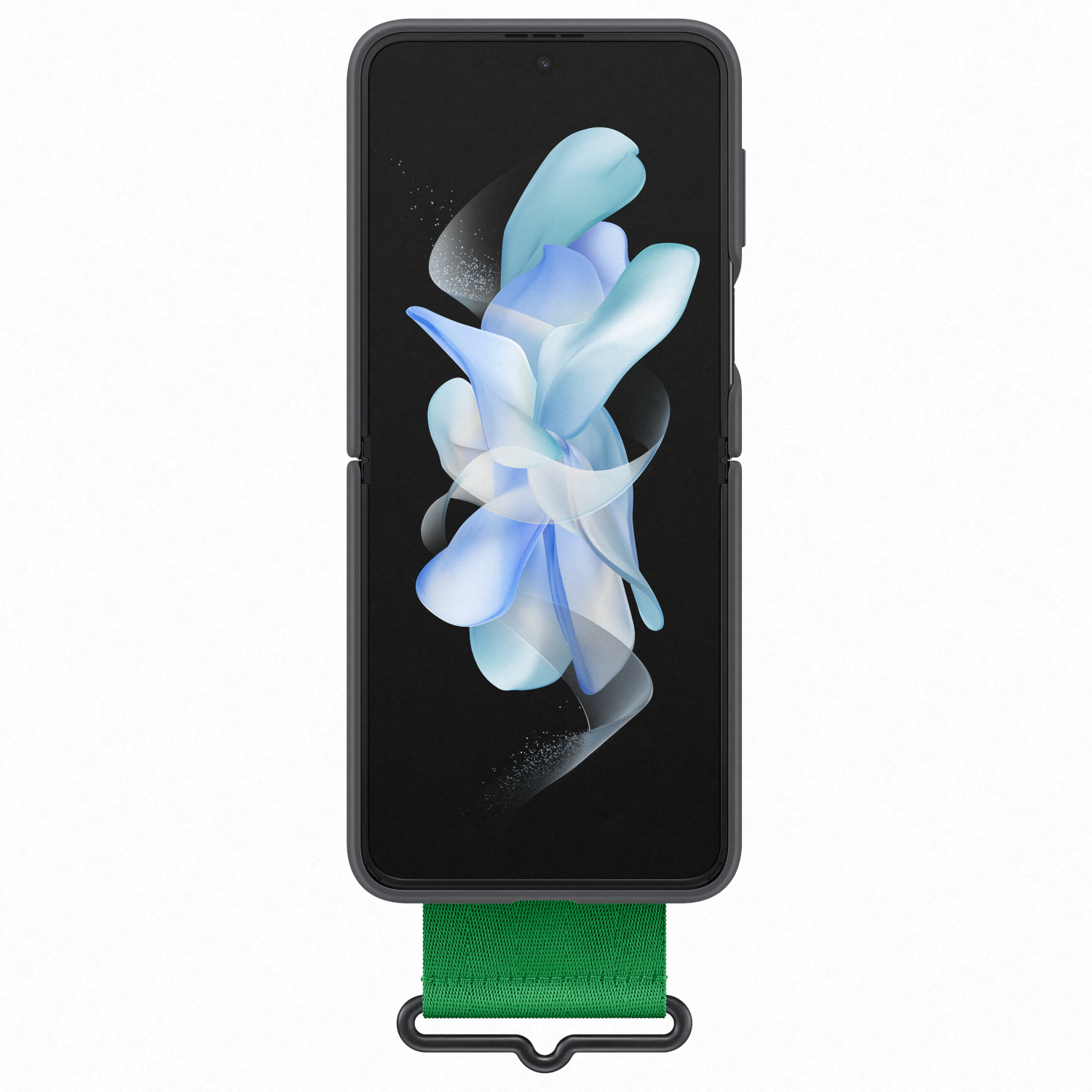 Faltbares Telefon in einer schwarzen Hülle mit grünem Riemen. Der Bildschirm zeigt ein blau-weißes Design.