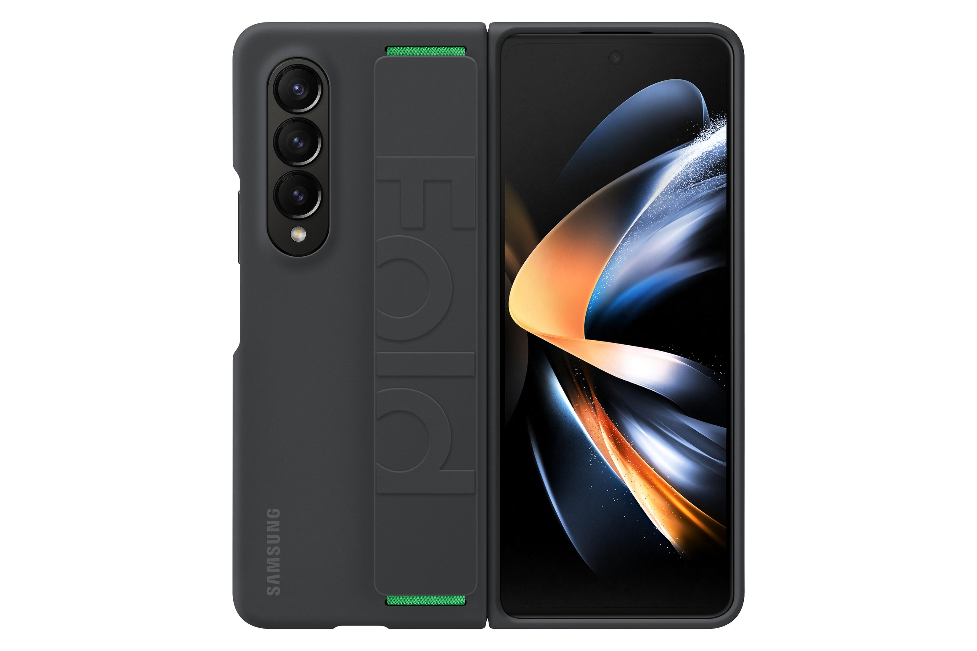 Ein schwarz-graues Samsung-Telefon ist aufgeklappt und zeigt den Bildschirm und die Rückseite.