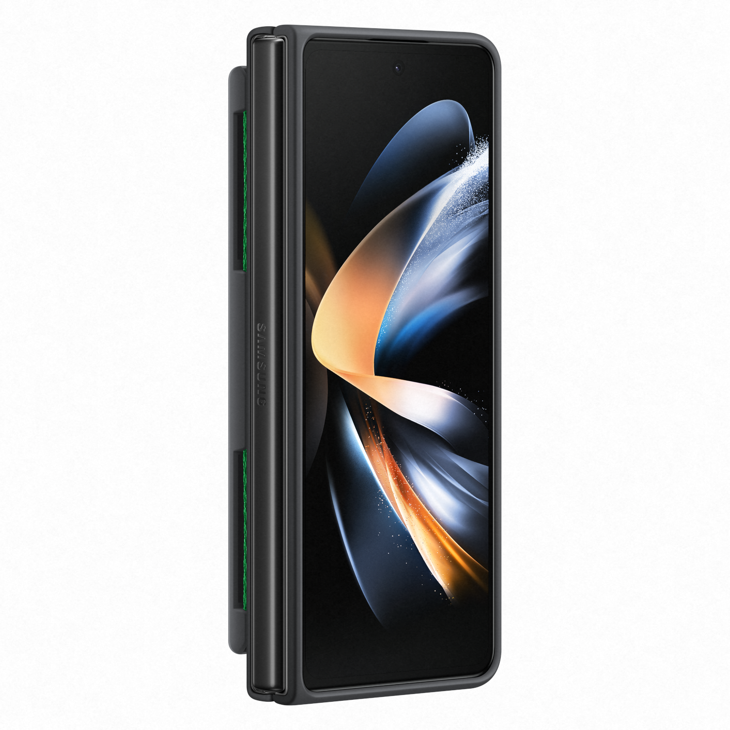 Faltbares schwarzes Telefon geöffnet, zeigt einen Bildschirm mit blauem und goldenem abstraktem Design.