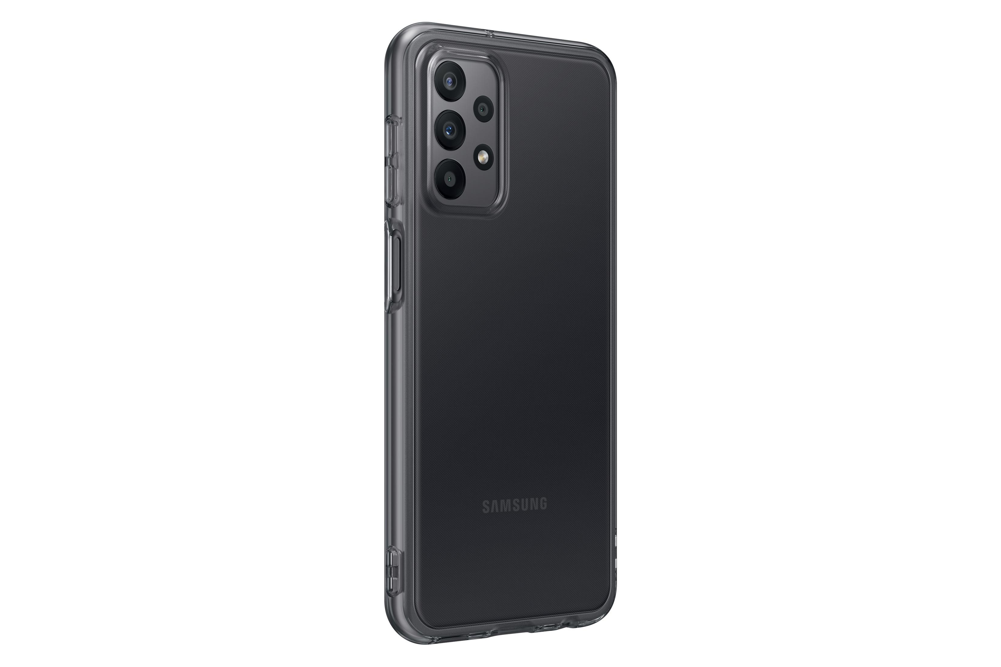 Un telefono Samsung nero in una custodia trasparente, angolato, su sfondo bianco.