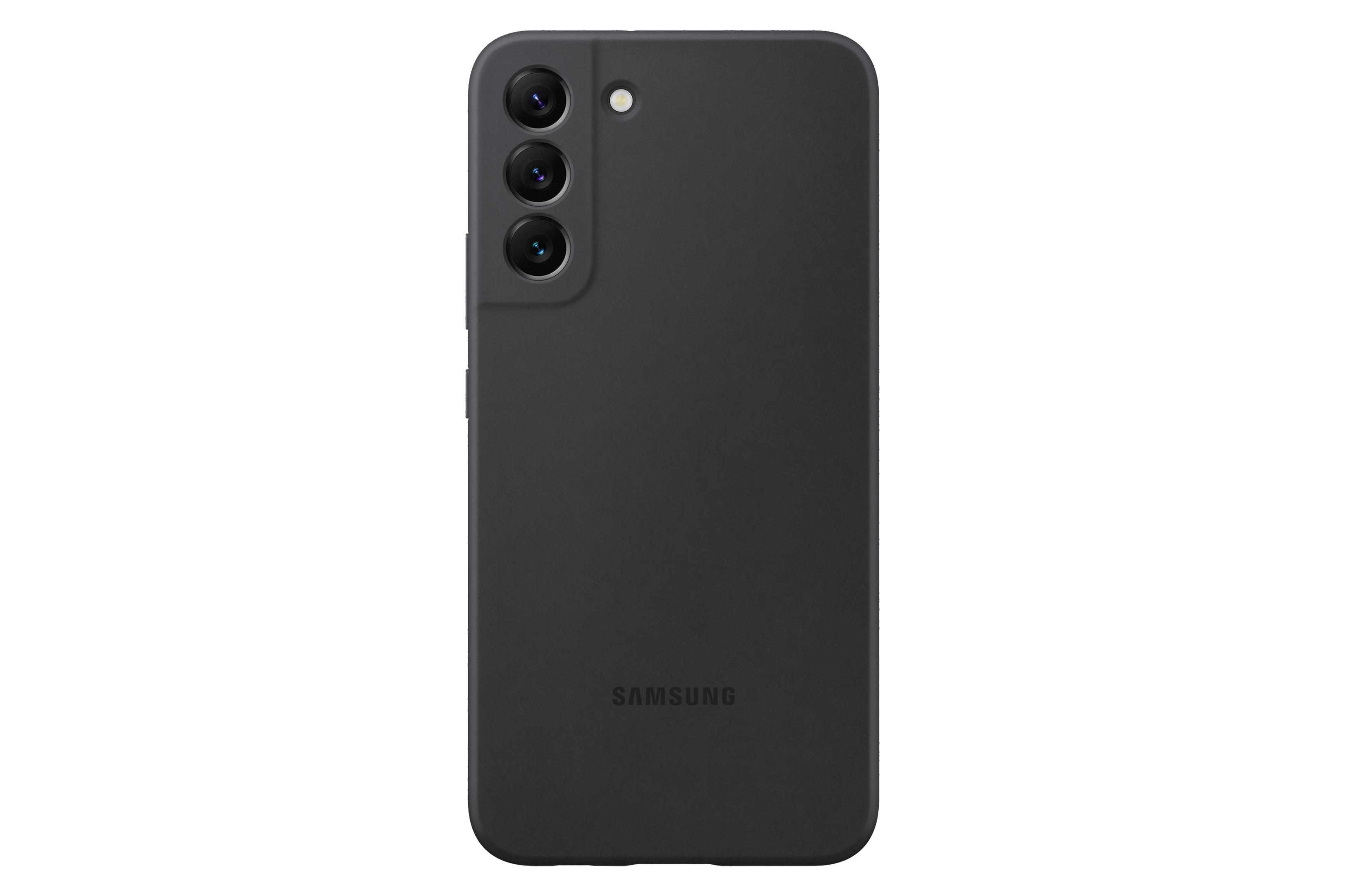 Parte trasera de un smartphone negro con tres cámaras, un flash y el logotipo de Samsung. El teléfono está sobre fondo blanco.