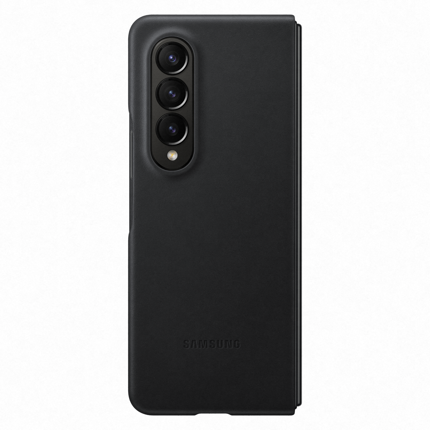 Funda de teléfono negra cerrada. El logotipo de Samsung es visible.
