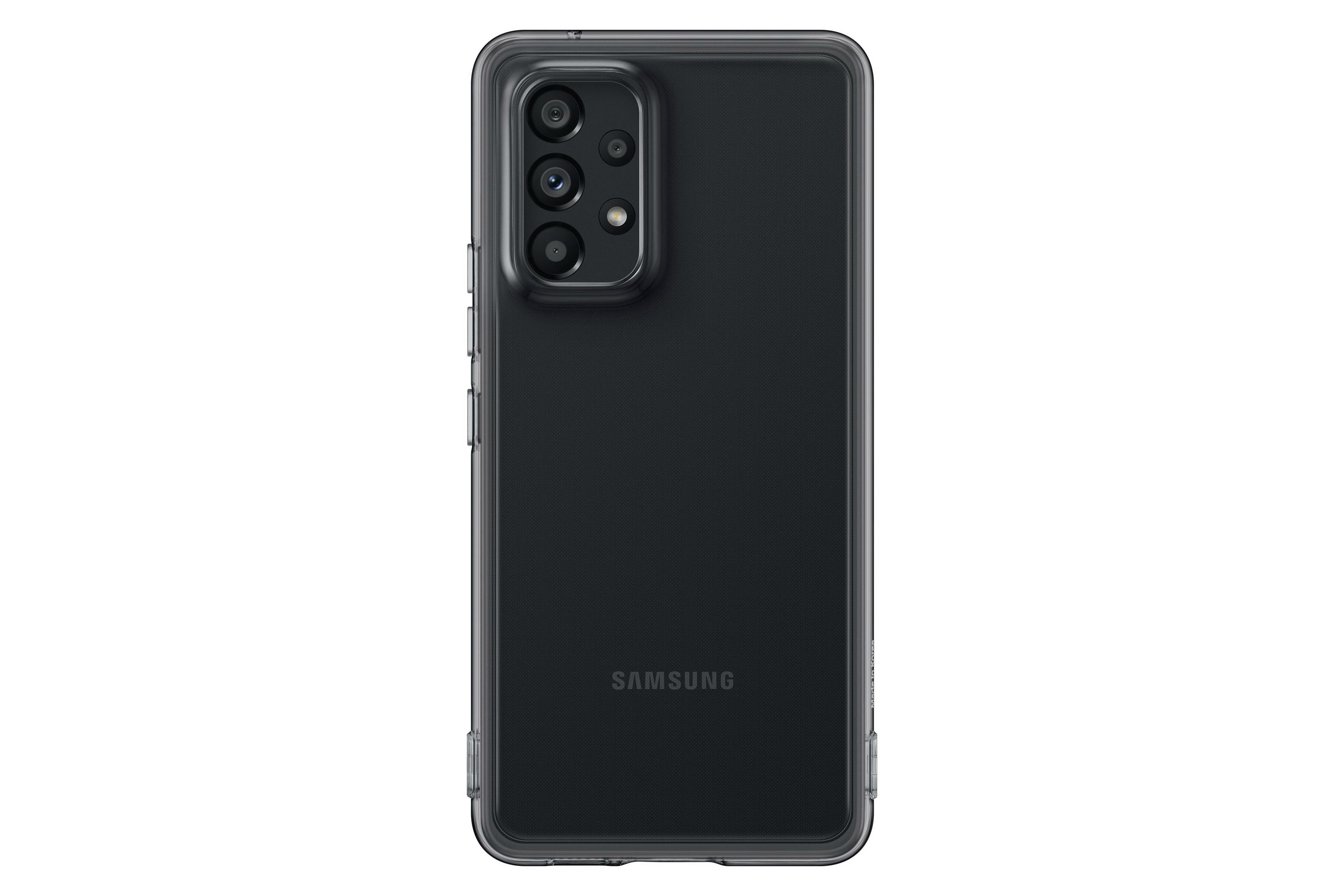 Un telefono Samsung nero con custodia trasparente. La parte posteriore ha tre fotocamere. Sfondo bianco.