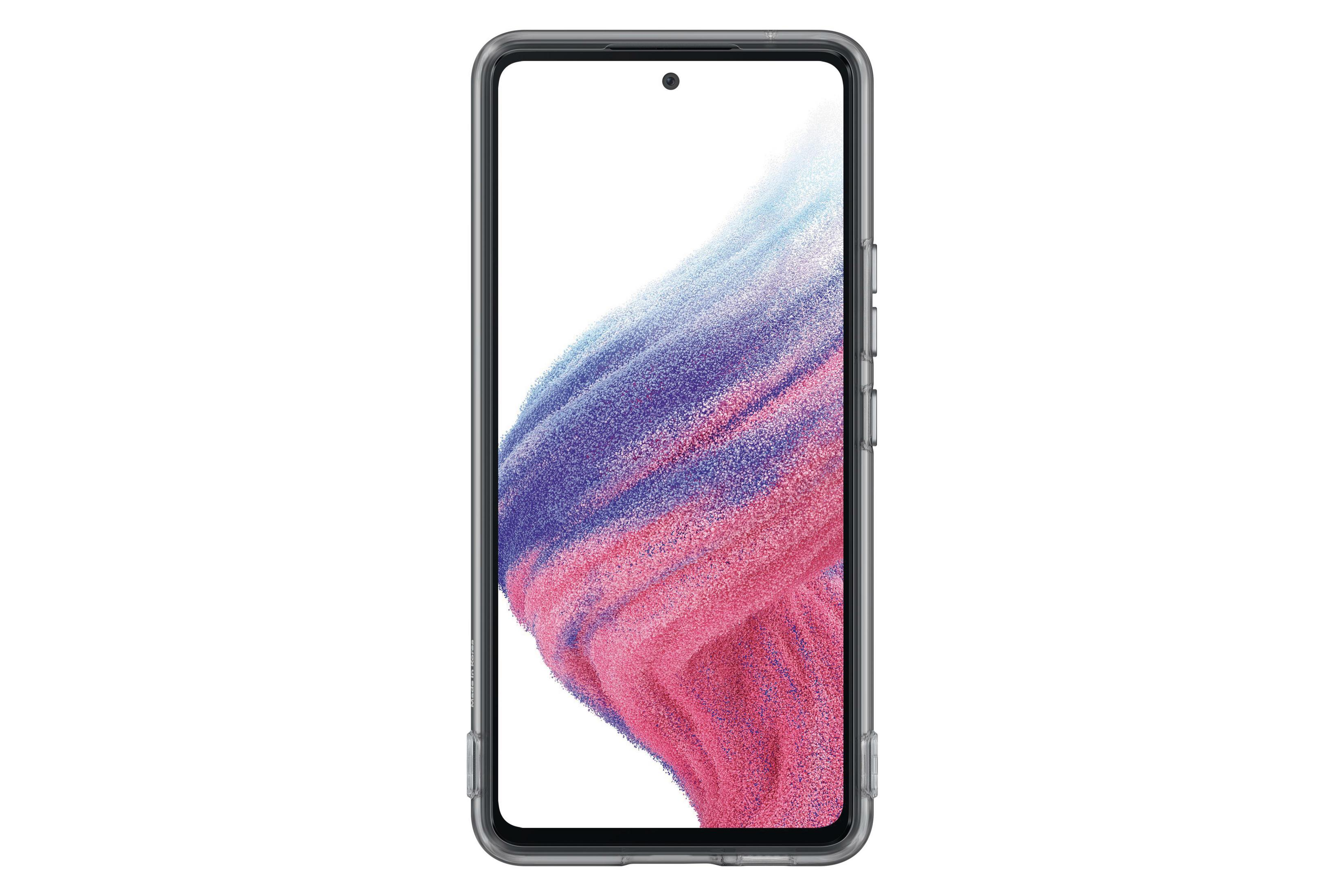 Uno smartphone con una custodia trasparente e uno schermo che mostra un design astratto e colorato è visualizzato su uno sfondo bianco.