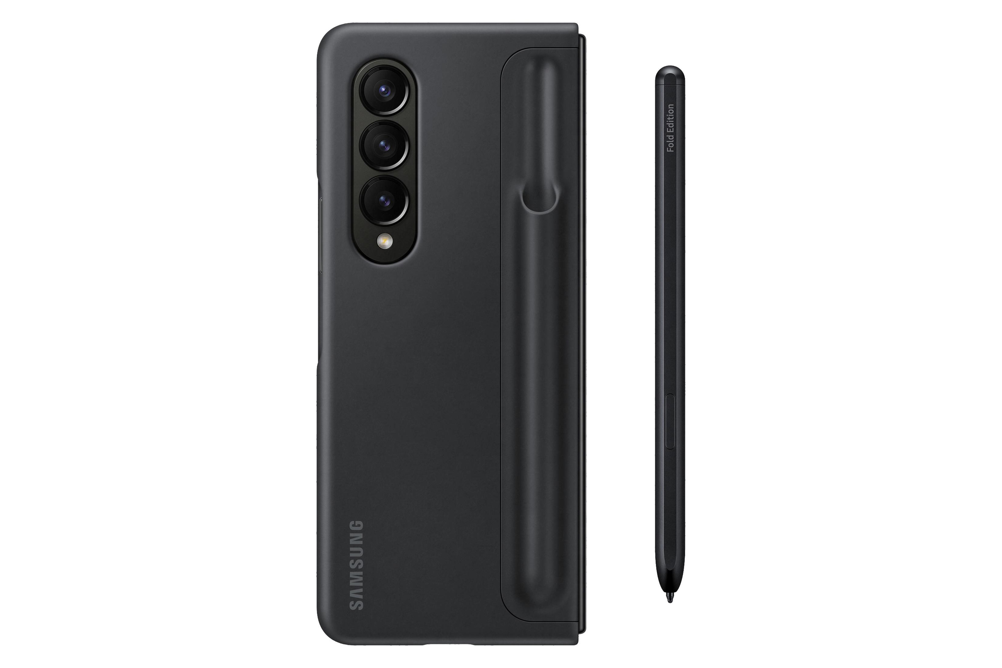 Funda y lápiz óptico negros de Samsung. Teléfono cerrado, con tres cámaras y texto Samsung.