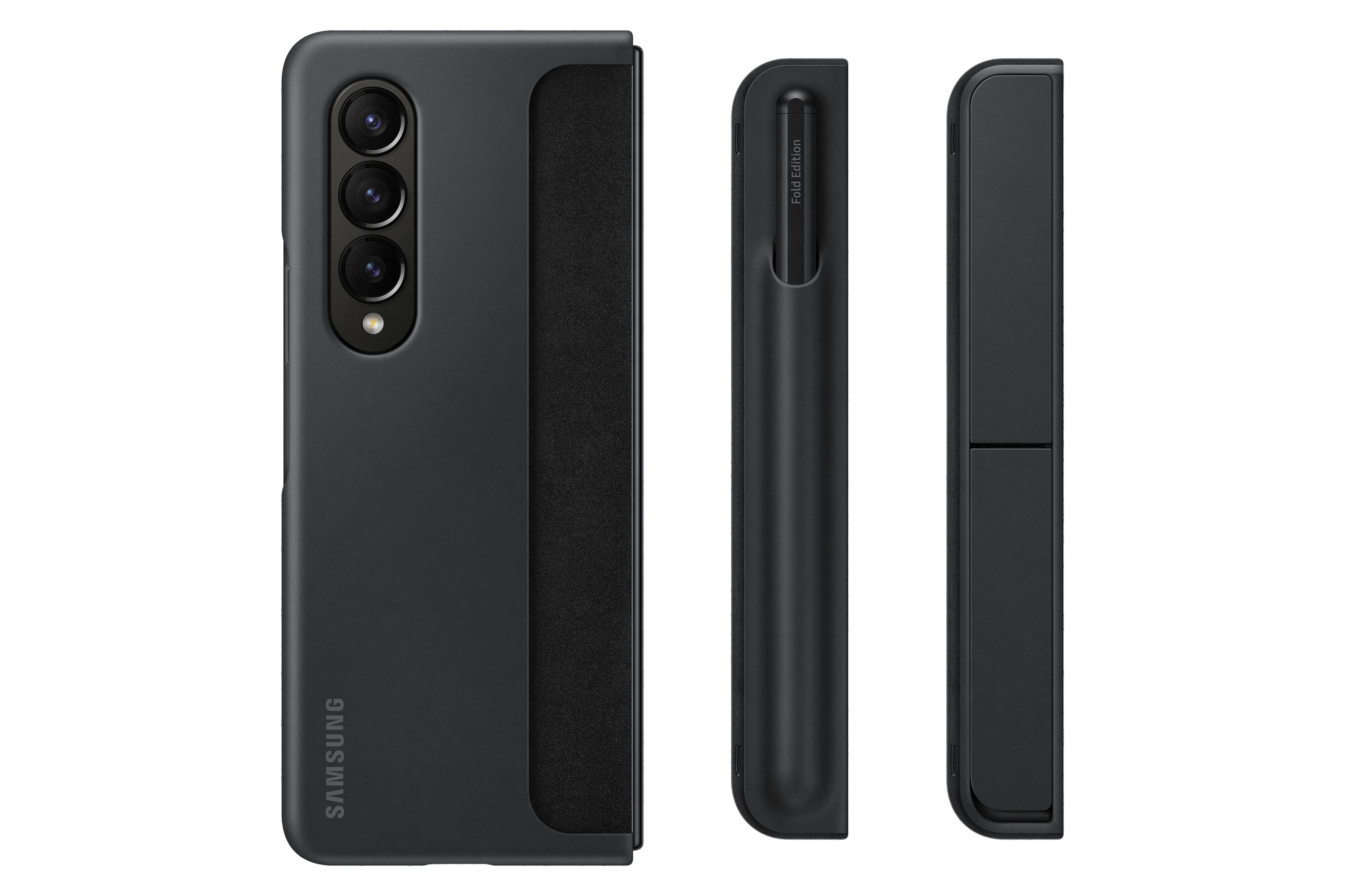 Funda negra para teléfono Samsung; tres vistas: frontal, lateral y trasera, con portalápices.