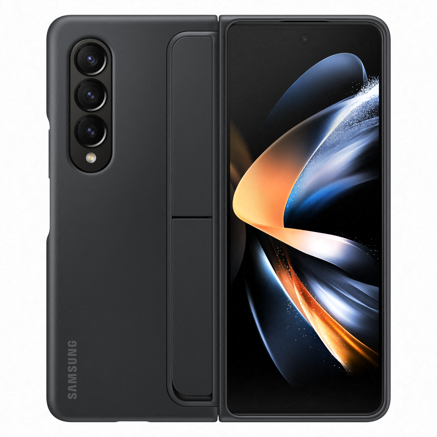 Un teléfono Samsung Galaxy Z Fold negro, abierto. El teléfono está en una funda negra.