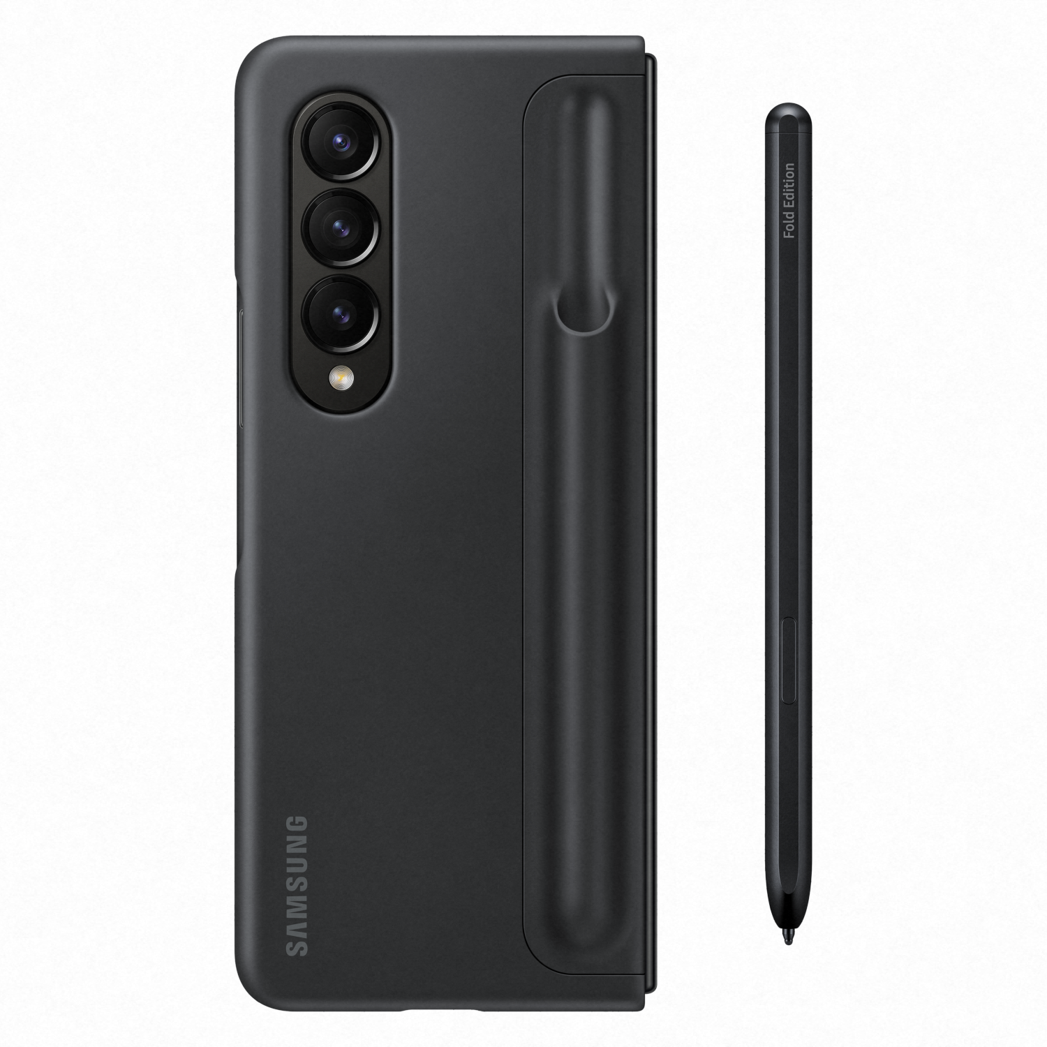 Una funda de teléfono negra con teléfono plegado y lápiz. La funda tiene tres cámaras.
