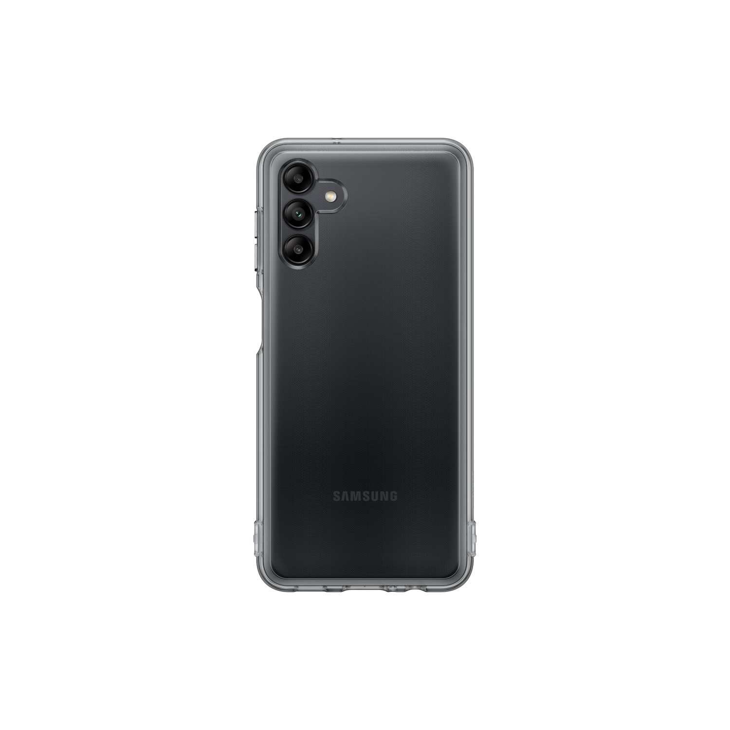 Uno smartphone nero con una custodia trasparente, che mostra il retro con le fotocamere.