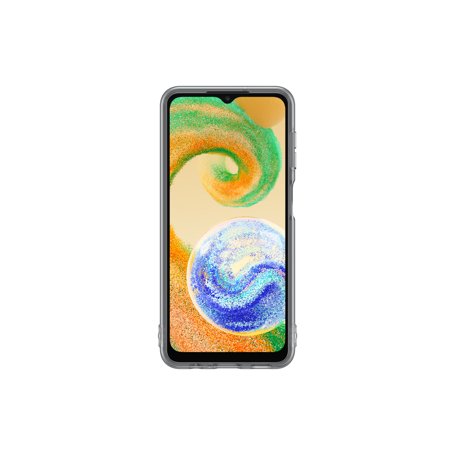 Un telefono con una custodia trasparente che mostra un design astratto sullo schermo, sfondo nero.