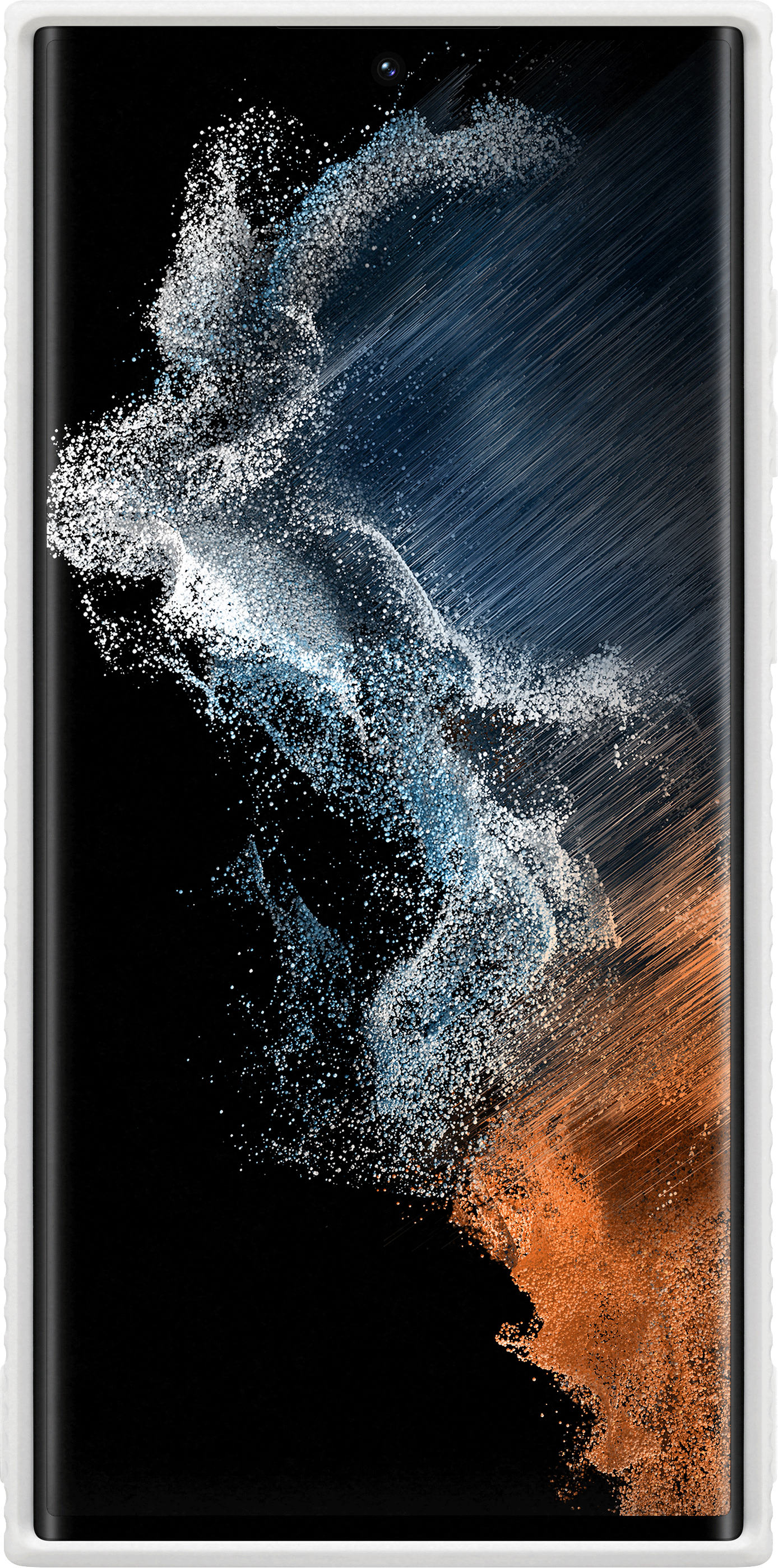 Pantalla de smartphone con diseño abstracto dinámico en blanco, azul y naranja sobre negro.