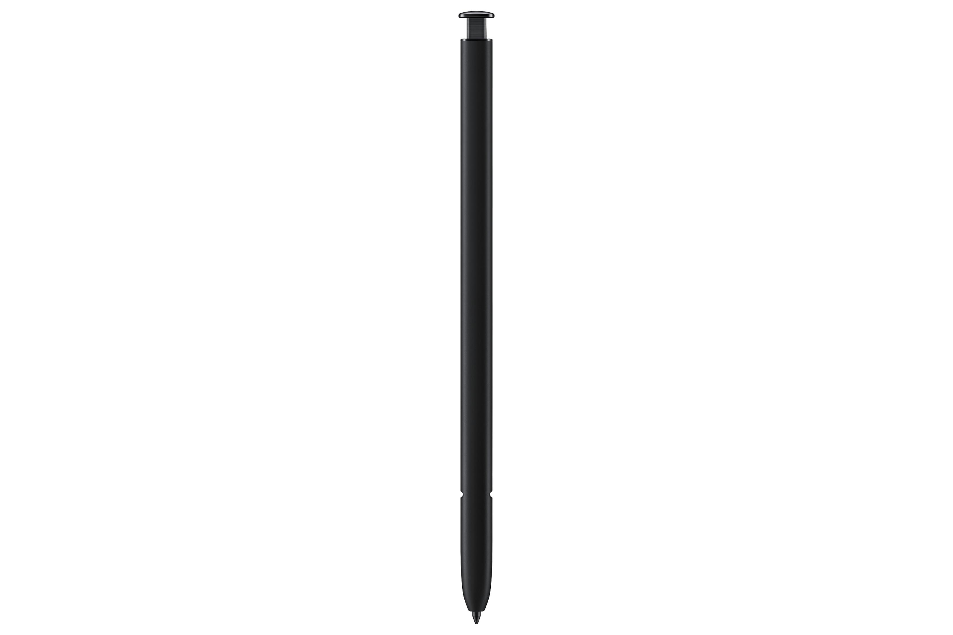 Lápiz óptico negro, de pie contra un fondo blanco.