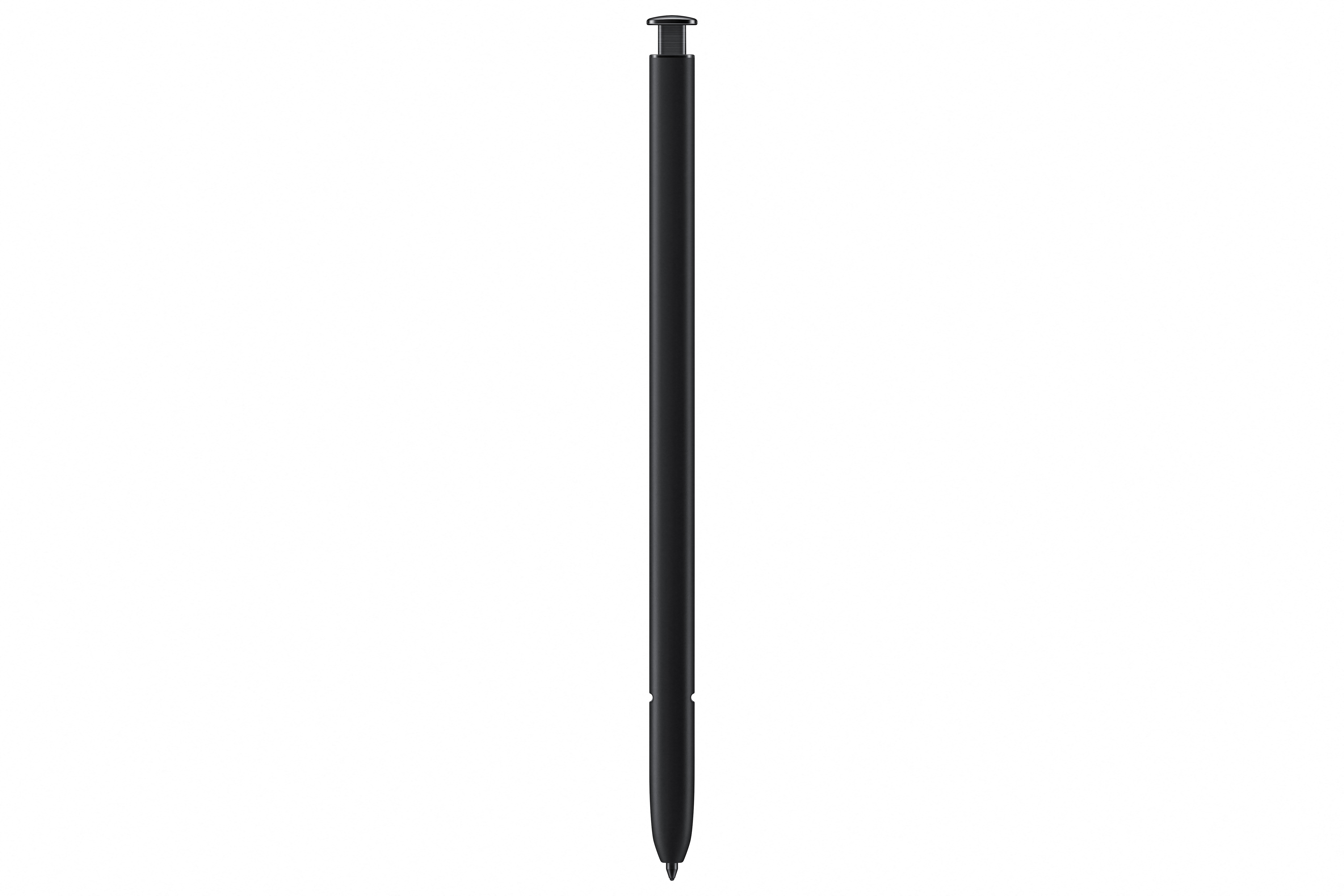 Bolígrafo negro sobre fondo blanco. Alargado y elegante.