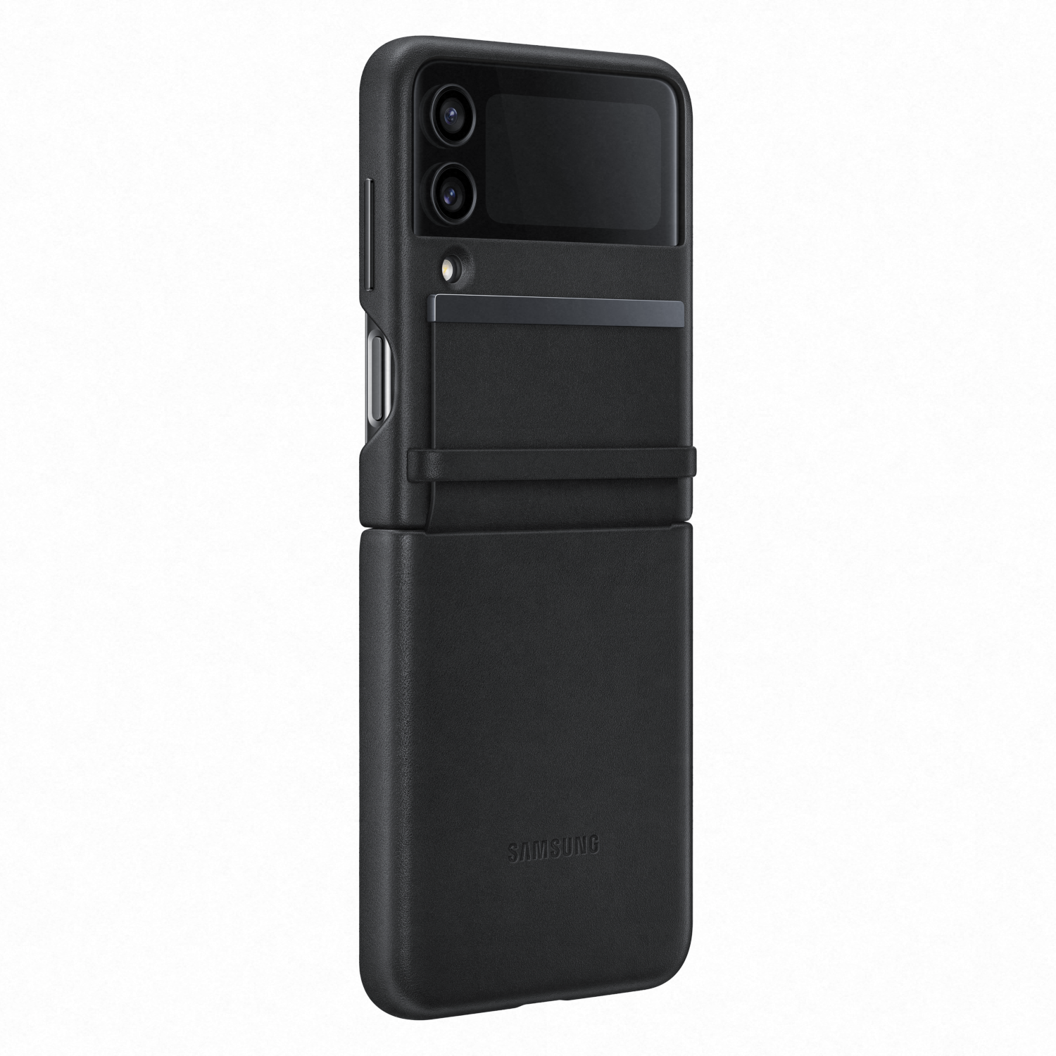 Funda de teléfono plegable negra, cerrada, con cámara y logotipo de Samsung.