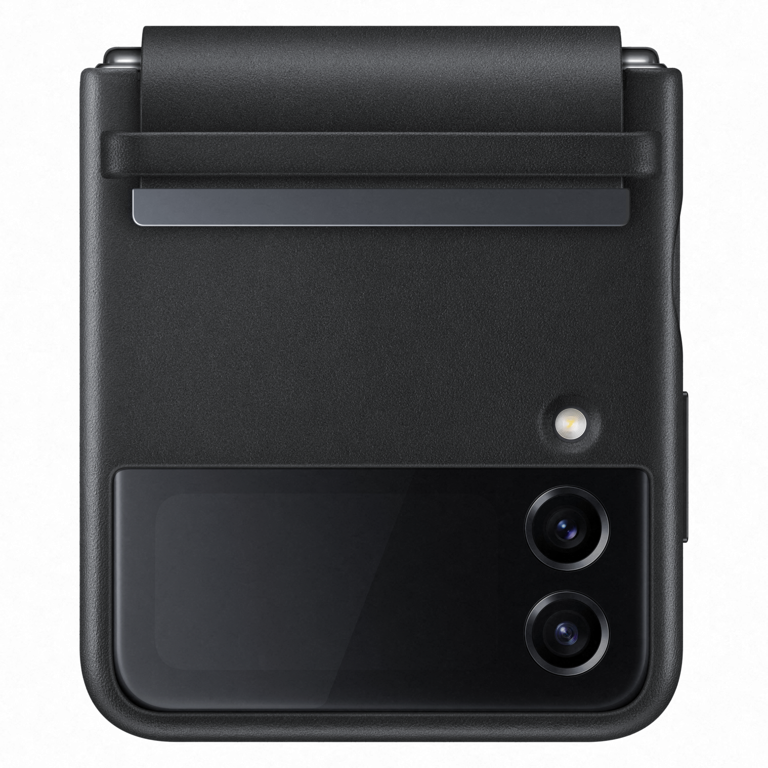 Funda negra para teléfono Samsung, cerrada. Tiene una cámara y flash. La funda es un accesorio.