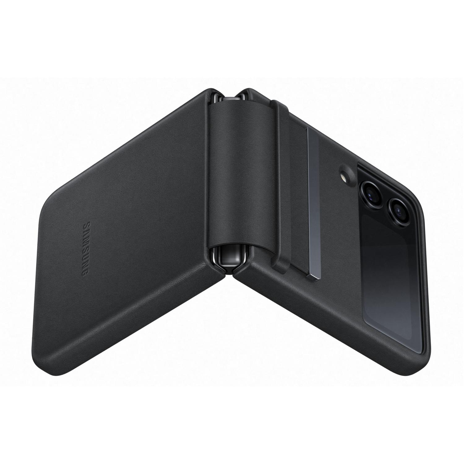 Teléfono Samsung negro, plegado. Tiene cámara y bisagra.