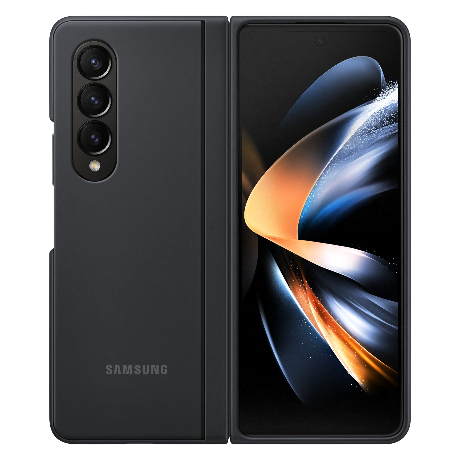 Składany telefon, ciemnoszary, potrójny aparat, otwarty z niebiesko-białym abstrakcyjnym wzorem.