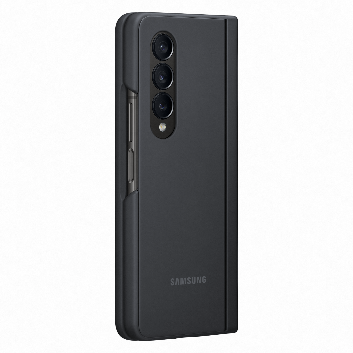 Czarny składany telefon Samsung, zamknięty, z trzema tylnymi aparatami. Czarne tło.