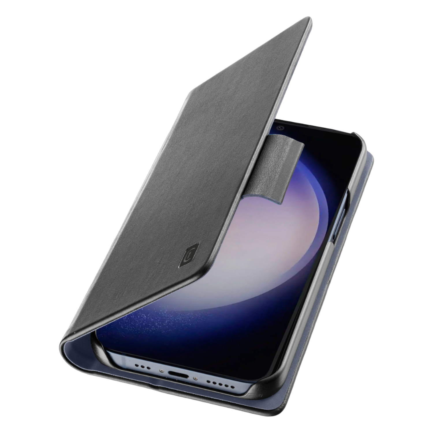 Custodia nera per telefono con un telefono dentro.