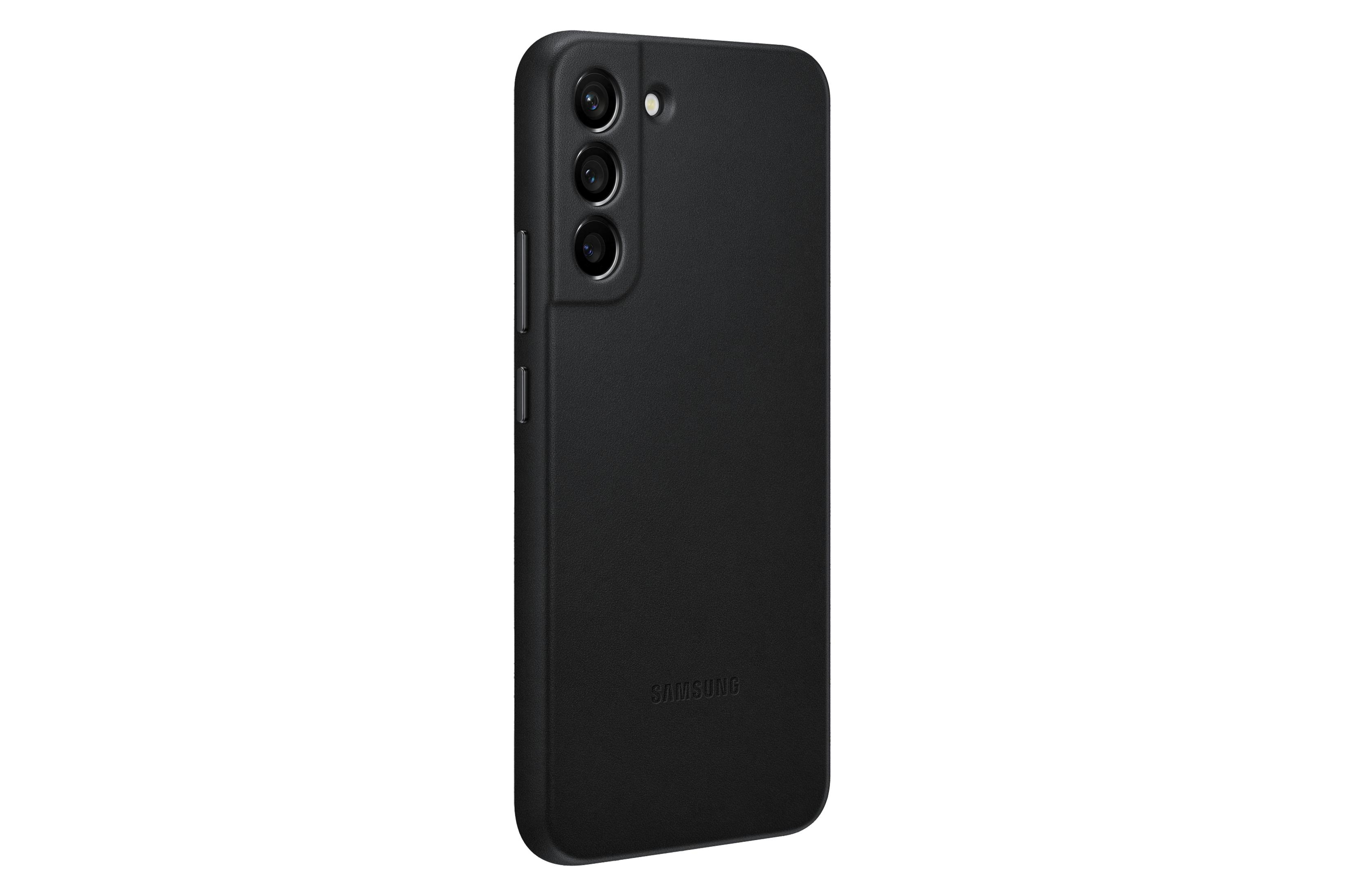 Eine schwarze Handyhülle mit Dreifachkamera und Samsung-Logo auf der Rückseite.