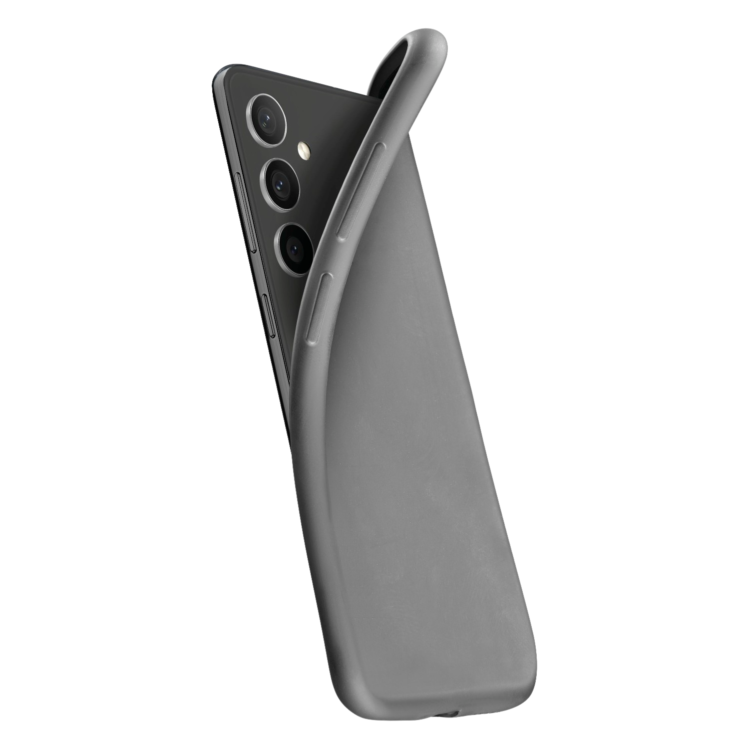 Graues Telefon mit flexibler grauer Hülle, die teilweise darum gewickelt ist, vor schwarzem Hintergrund.
