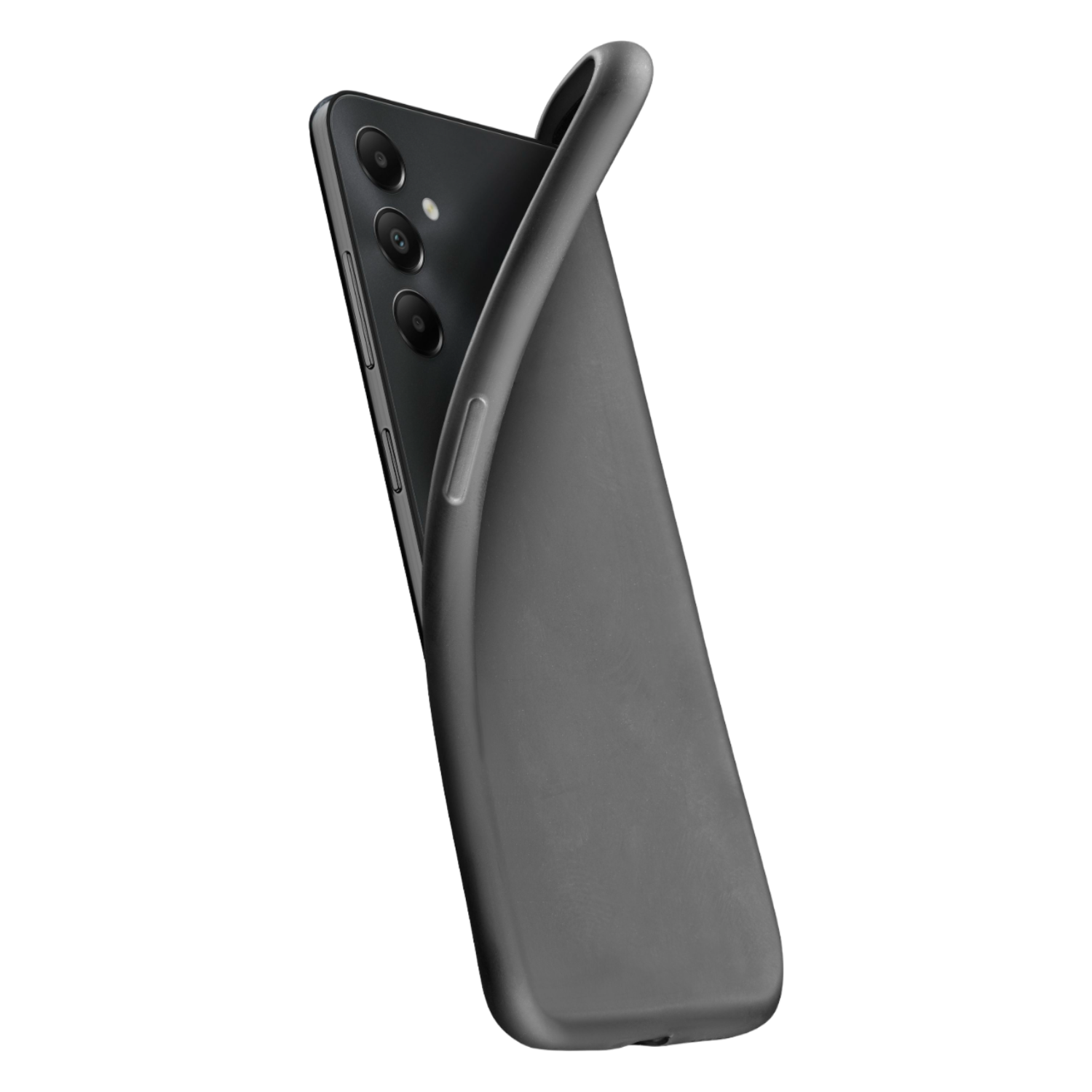 Un telefono grigio scuro con una custodia semichiusa, che mostra il retro e il modulo fotocamera.