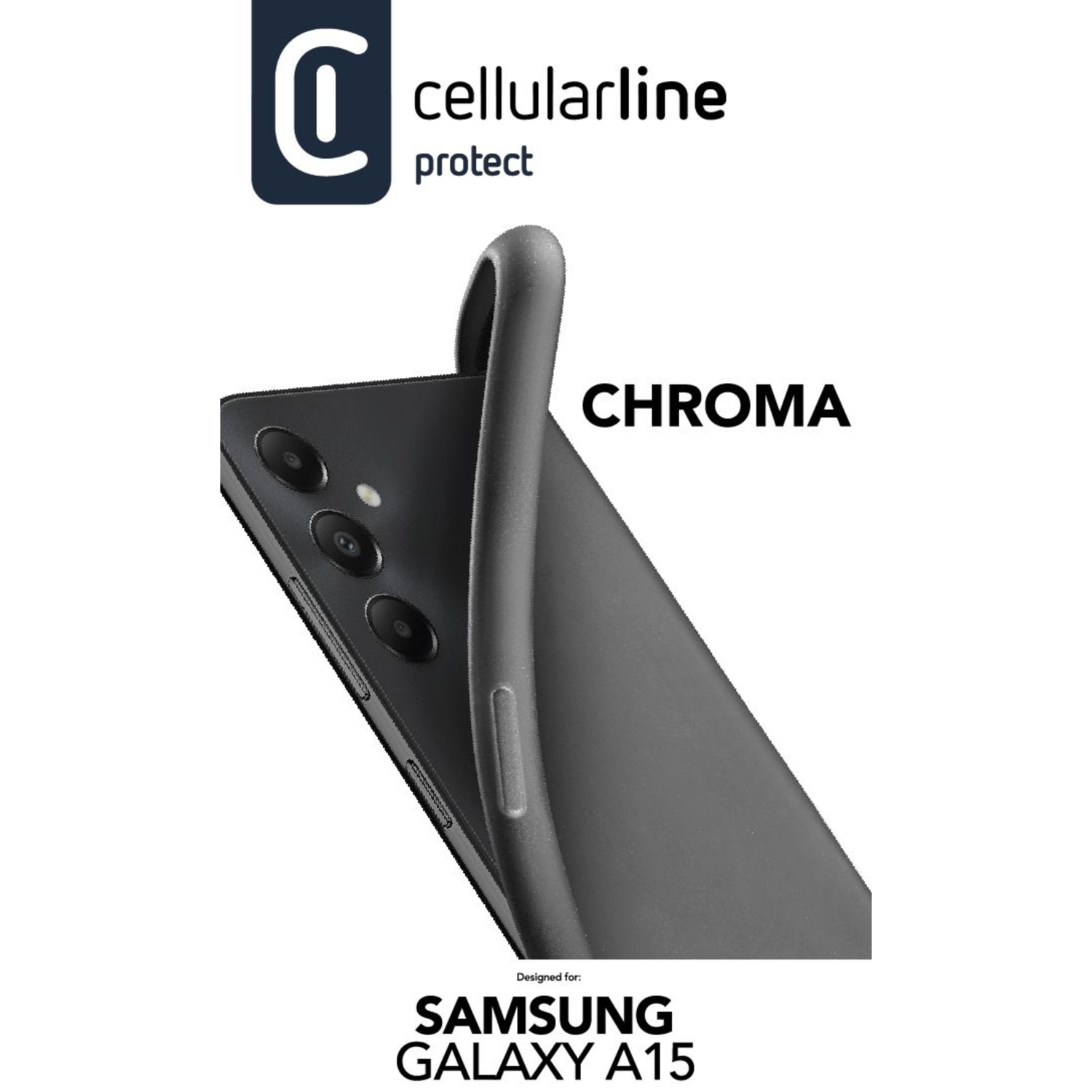 Custodia grigio scuro per Samsung Galaxy A15, con marchio Cellularline e contorno del telefono.