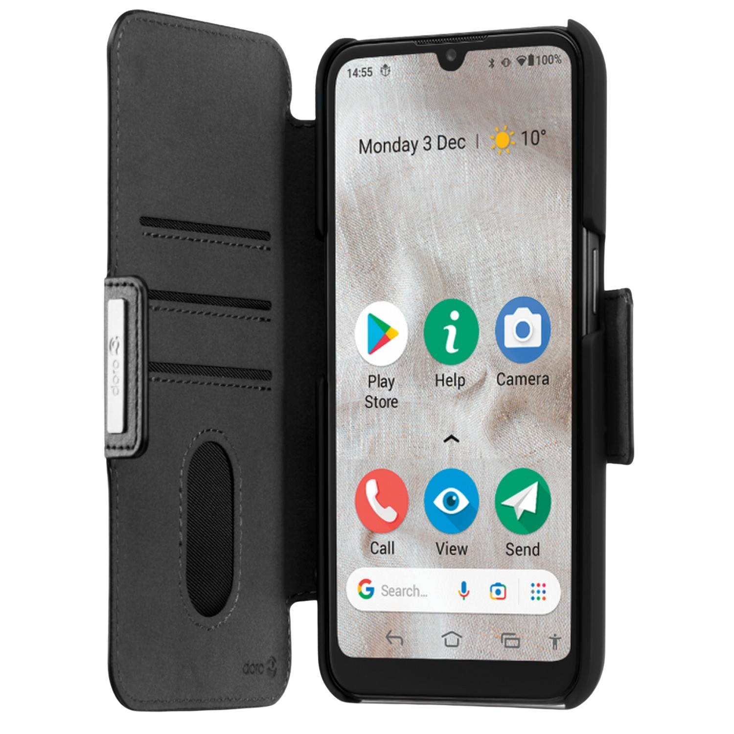 Schwarzes Telefon mit geöffneter schwarzer Hülle im Brieftaschenstil. Das Telefon zeigt Apps. Der Hintergrund ist schwarz.
