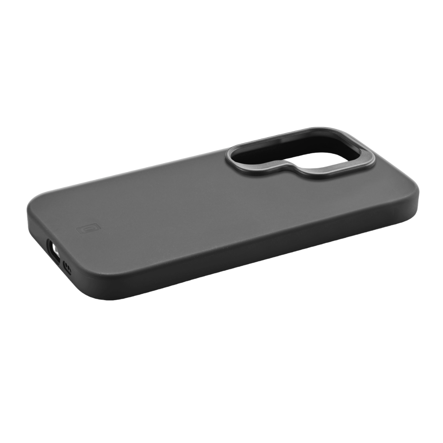 Una custodia per telefono grigio scuro. La custodia ha un ritaglio per la fotocamera. Lo sfondo è nero.