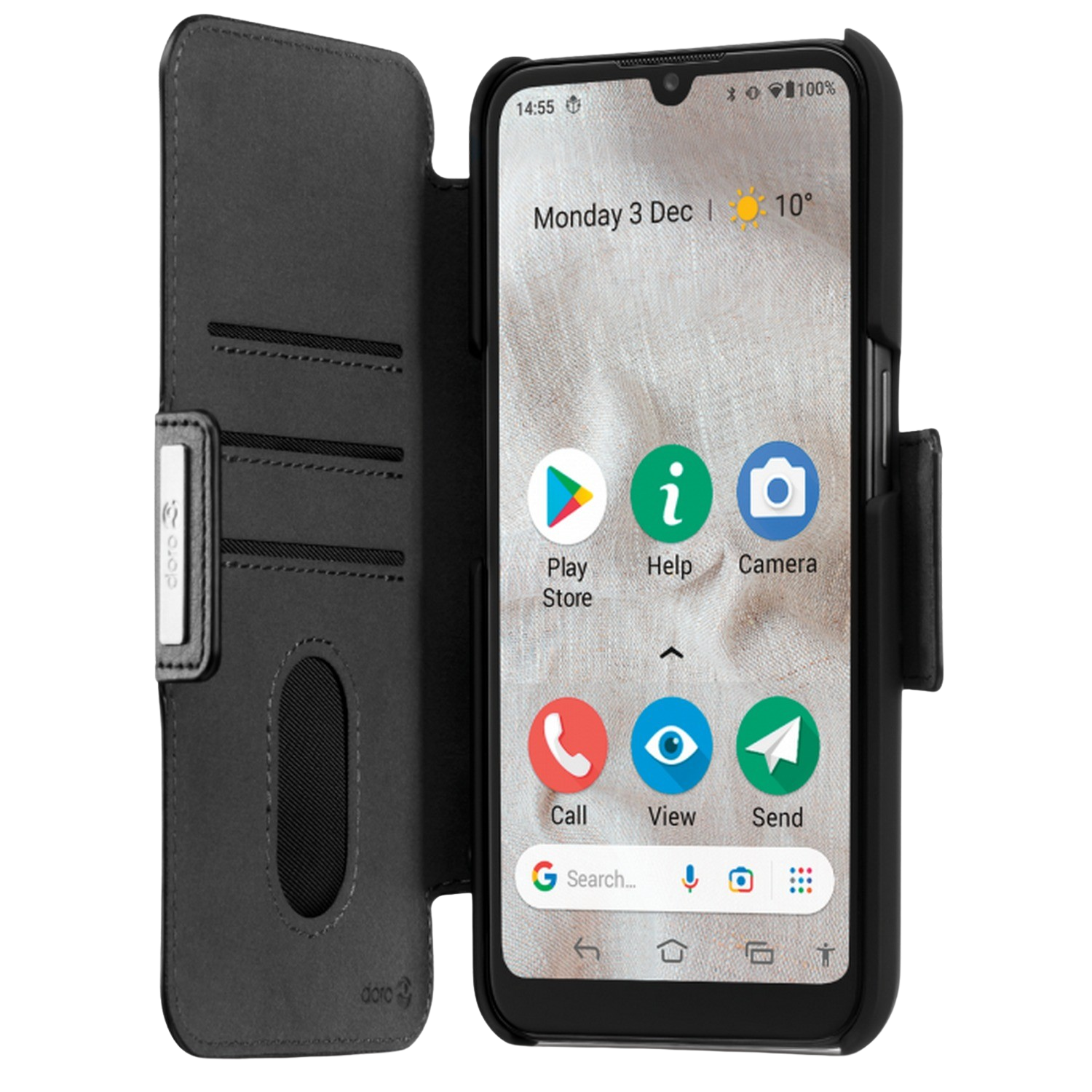 Ein schwarzes Doro-Smartphone in einer Hülle. Der Bildschirm zeigt die Telefonschnittstelle mit App-Symbolen.