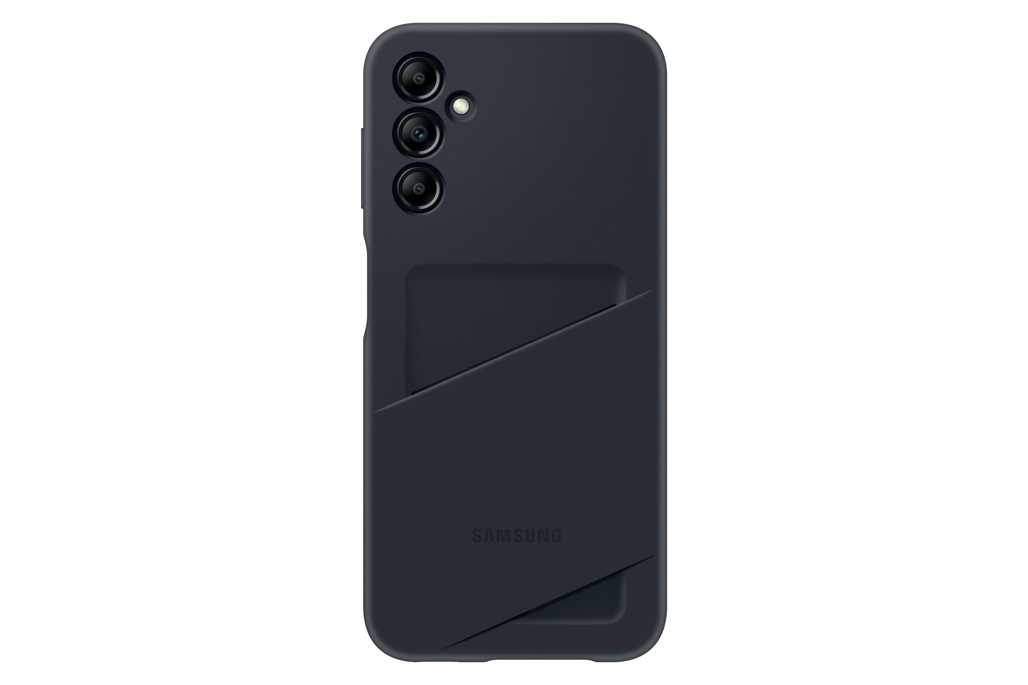 Schwarze Samsung-Handyhülle mit Geldbörsenfach. Aussparung für Kameras und diagonale Tasche.