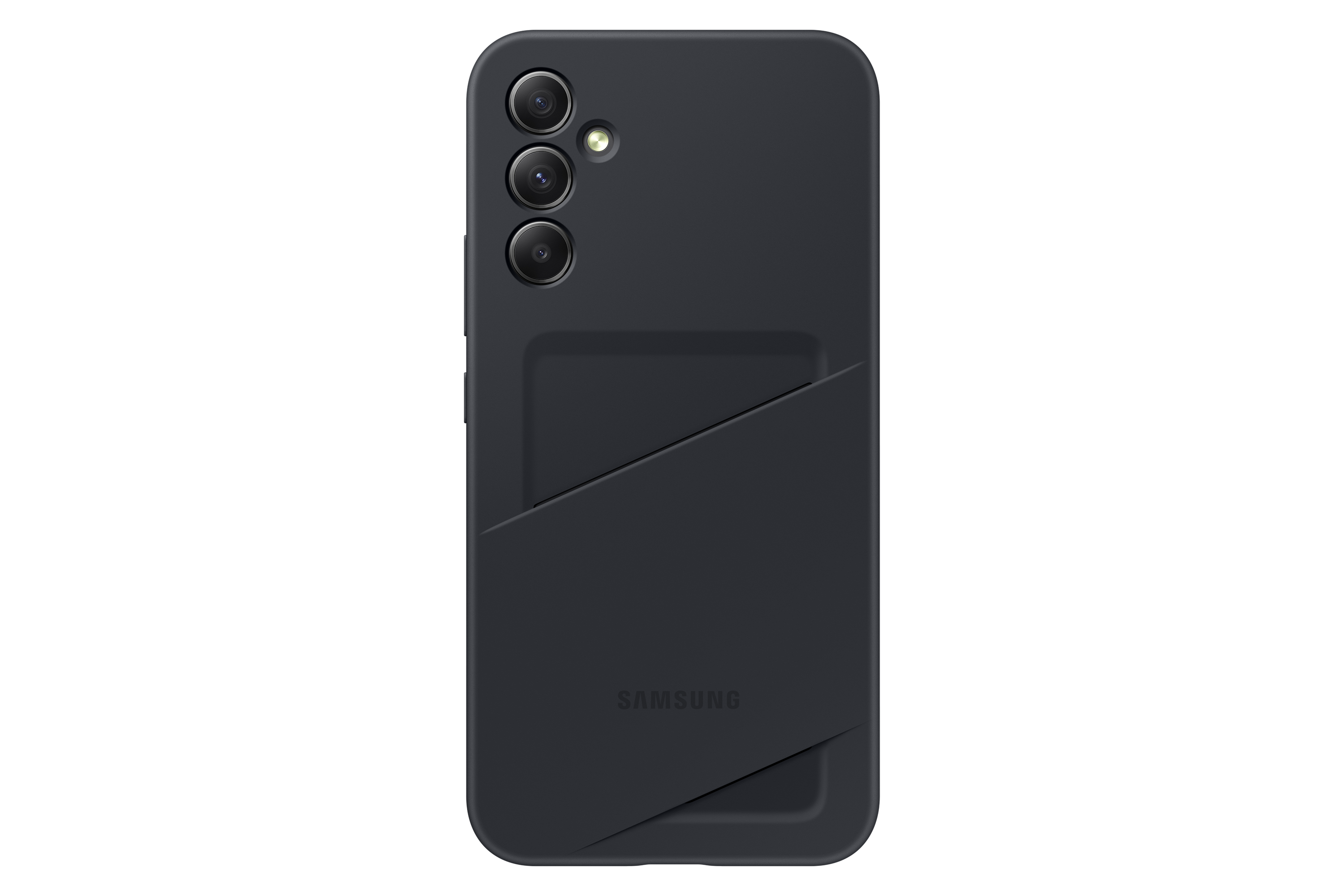 Czarne etui na telefon z miejscem na karty i logo Samsung.