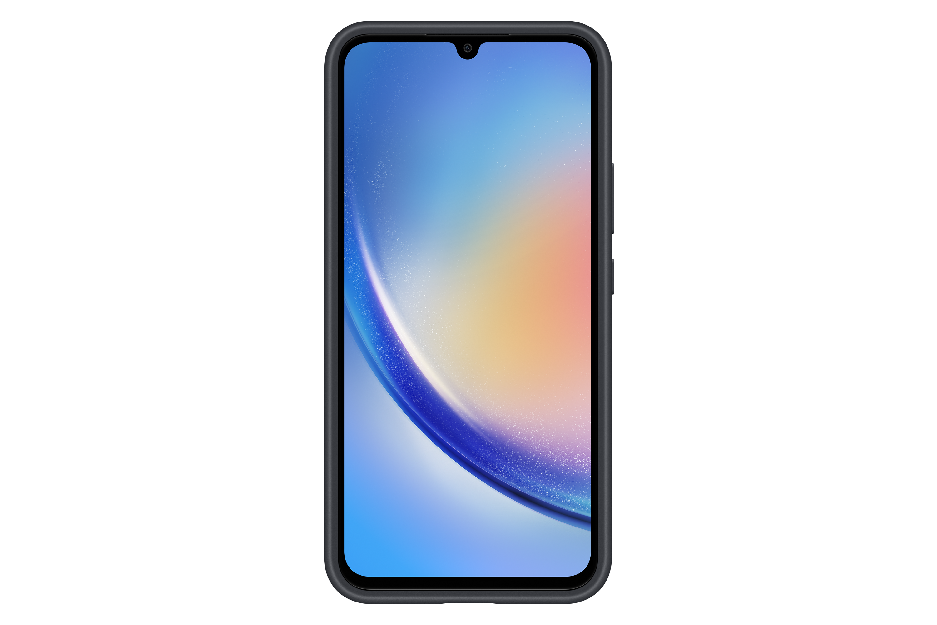 Smartfon na czarnym tle, wyświetlający kolorową grafikę na ekranie.