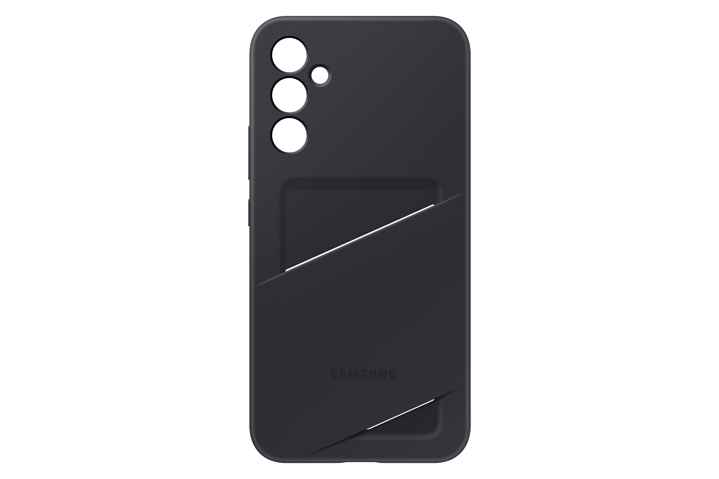 Czarne etui na telefon z miejscem na karty i logo Samsung. Widoczne wycięcia na trzy kamery.