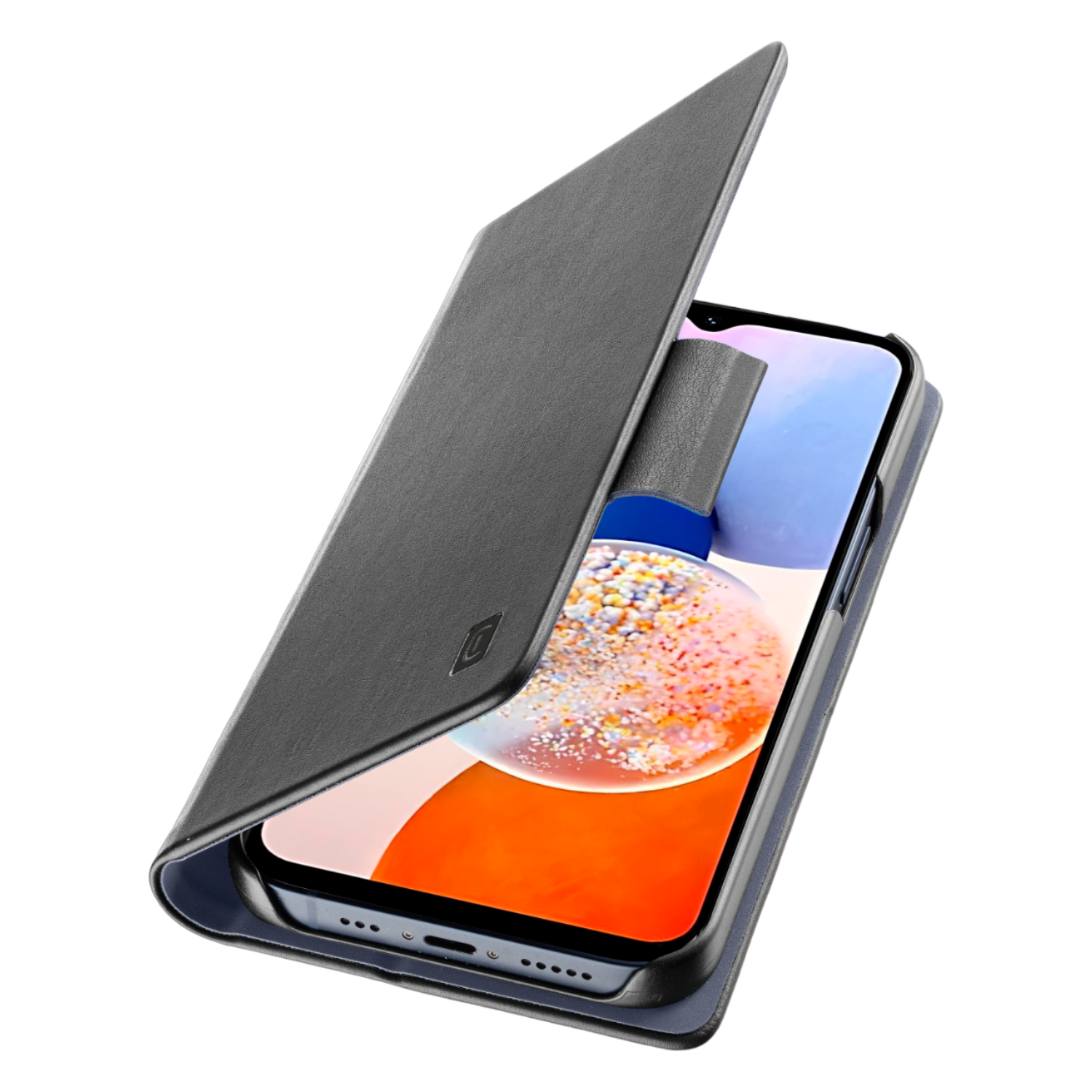 Telefon mit schwarzer Hülle. Die Hülle ist geöffnet und zeigt den Bildschirm und den Hintergrund.