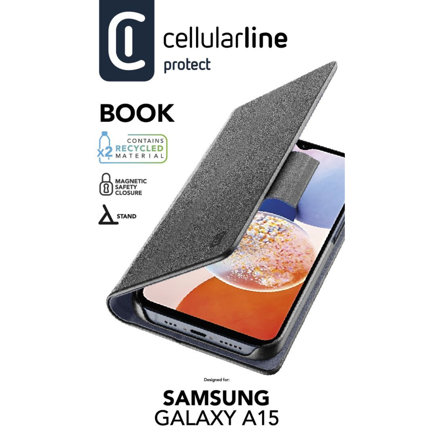Graue Handyhülle geöffnet mit Handy, Text über recyceltes Material und Magnetverschluss.