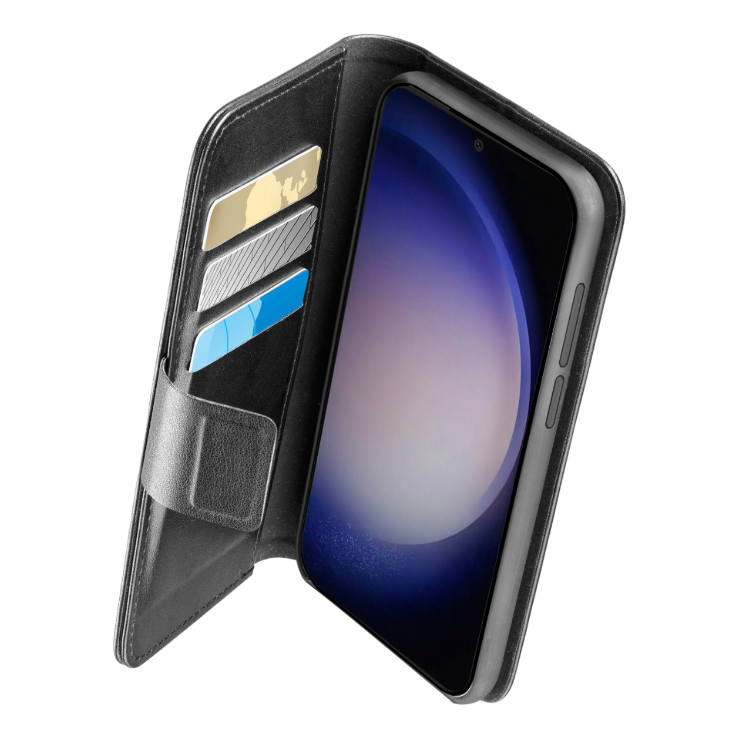 Custodia nera per telefono con carte e telefono con schermo blu su sfondo nero.
