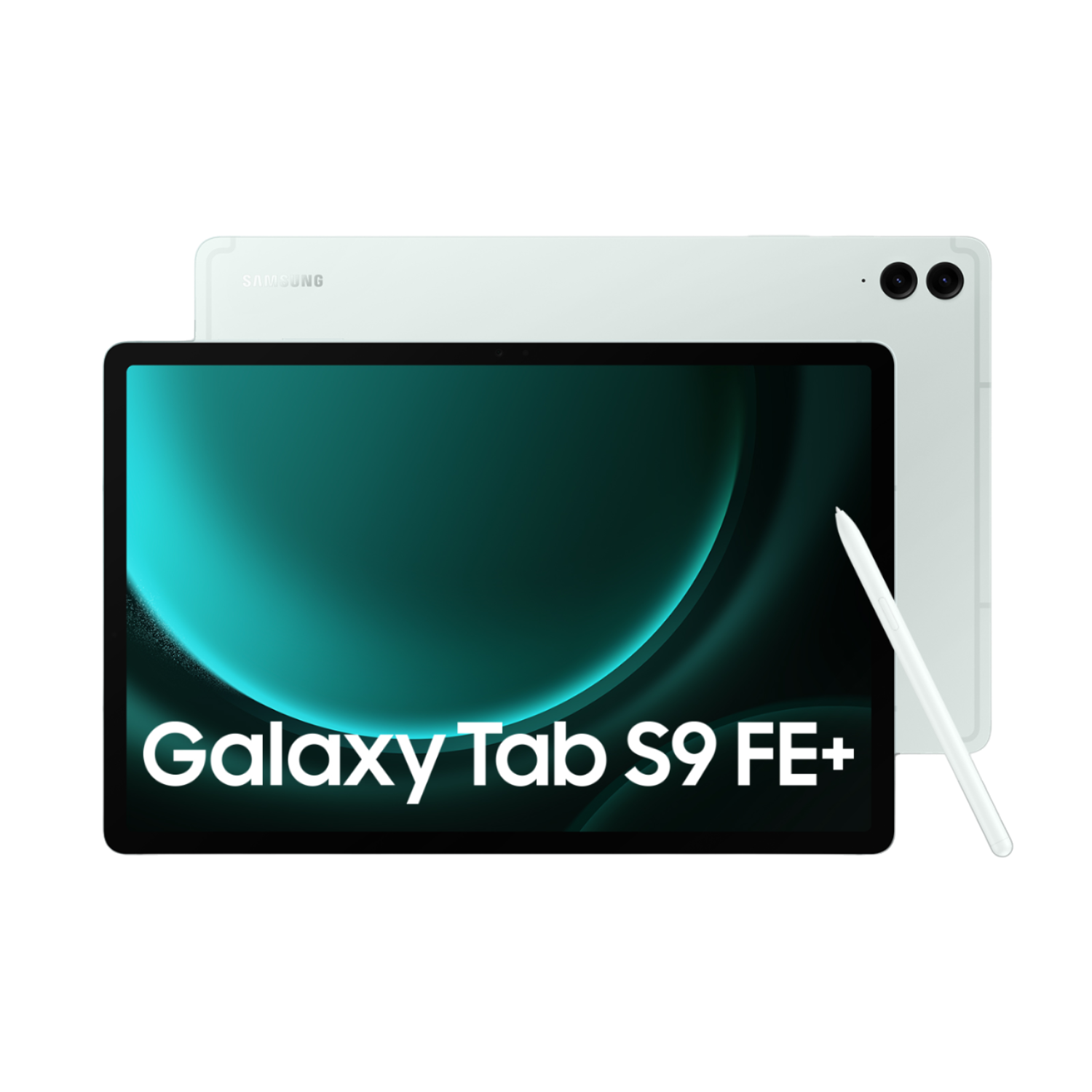 Tablet con penna, schermo mostra immagine, retro bianco, su sfondo nero.