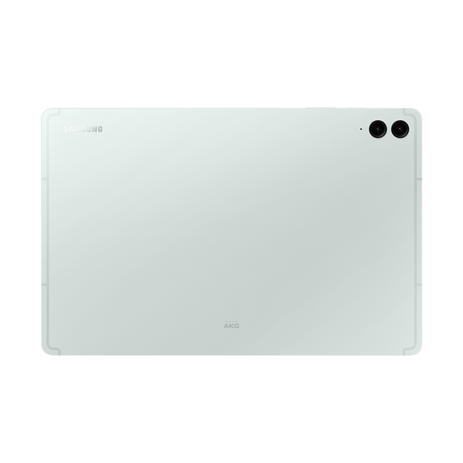 Retro di un tablet verde menta con doppia fotocamera e il logo AKG. Il logo Samsung è in alto.