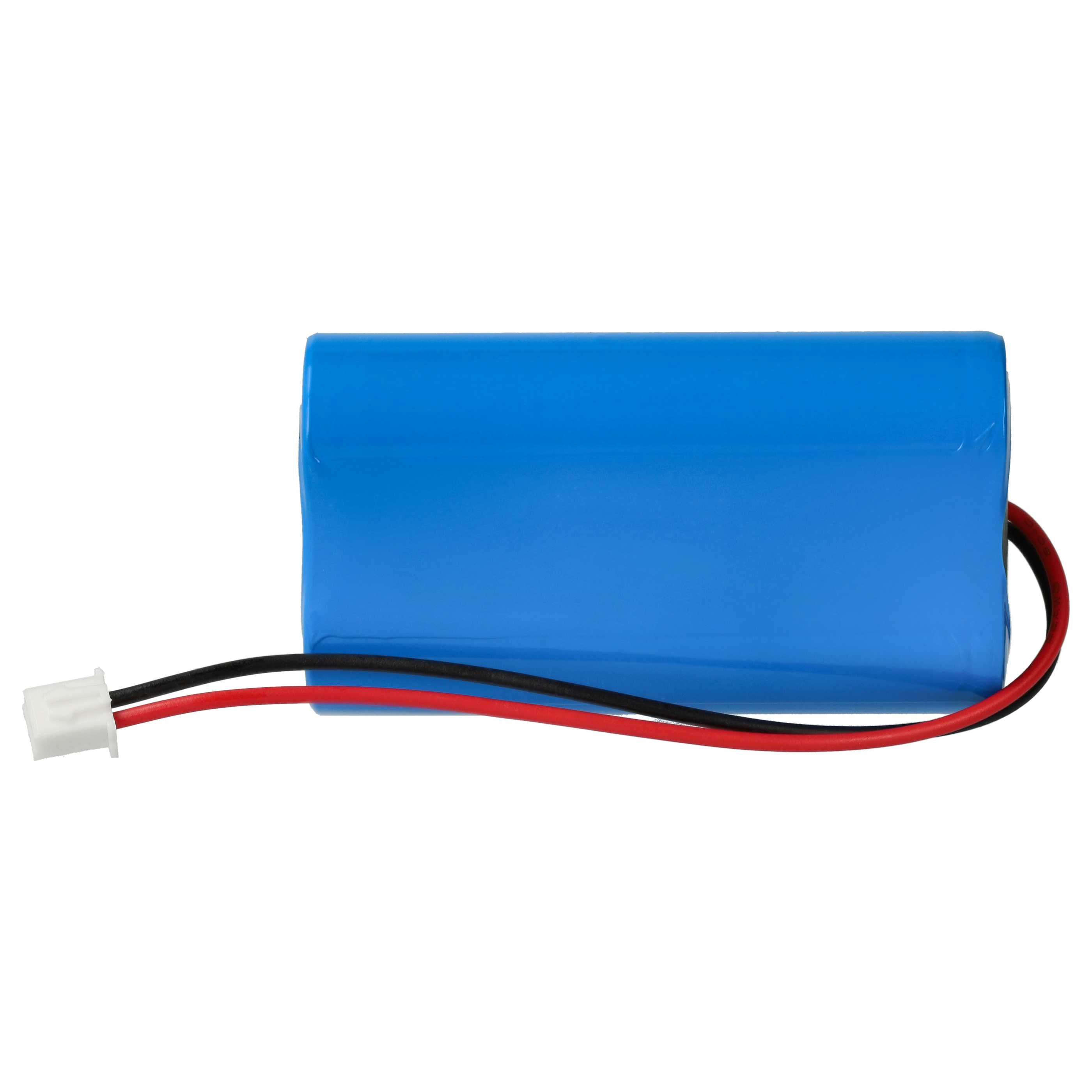 Blaue zylindrische Batterie mit schwarzen und roten Drähten und einem weißen Stecker. Es ist gegen Weiß.