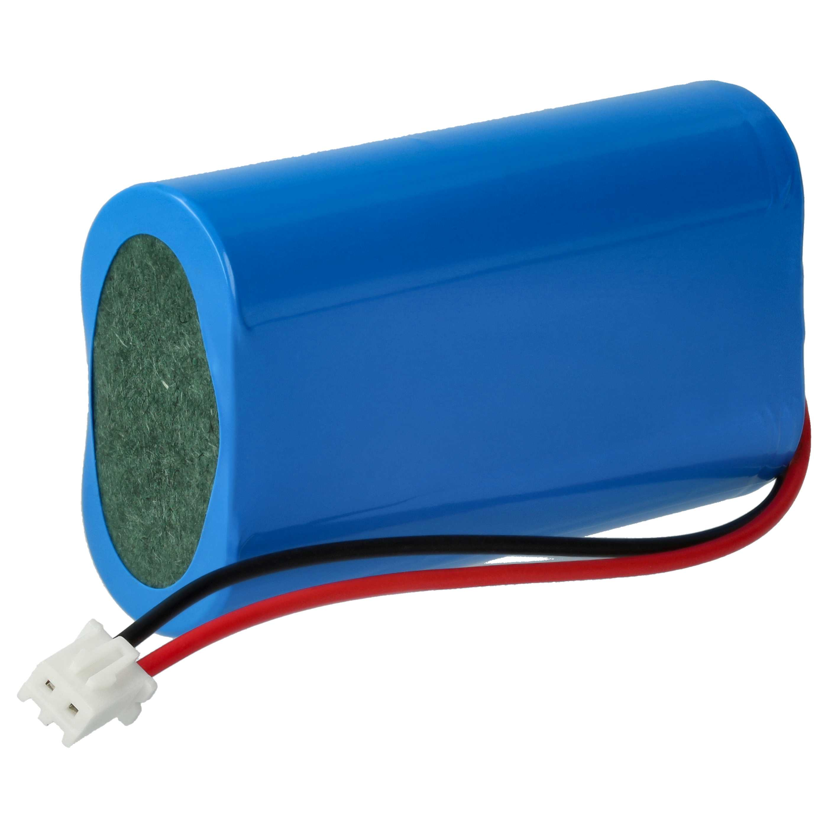 Eine blaue zylindrische Batterie mit grünem Deckel und roten und schwarzen Drähten.