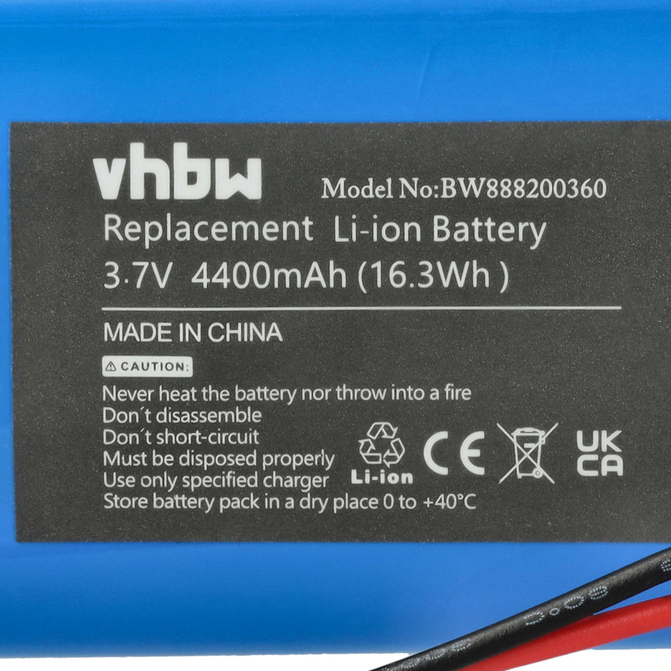 Blaues Li-Ionen-Batterieetikett mit Text, Warnungen und Symbolen.