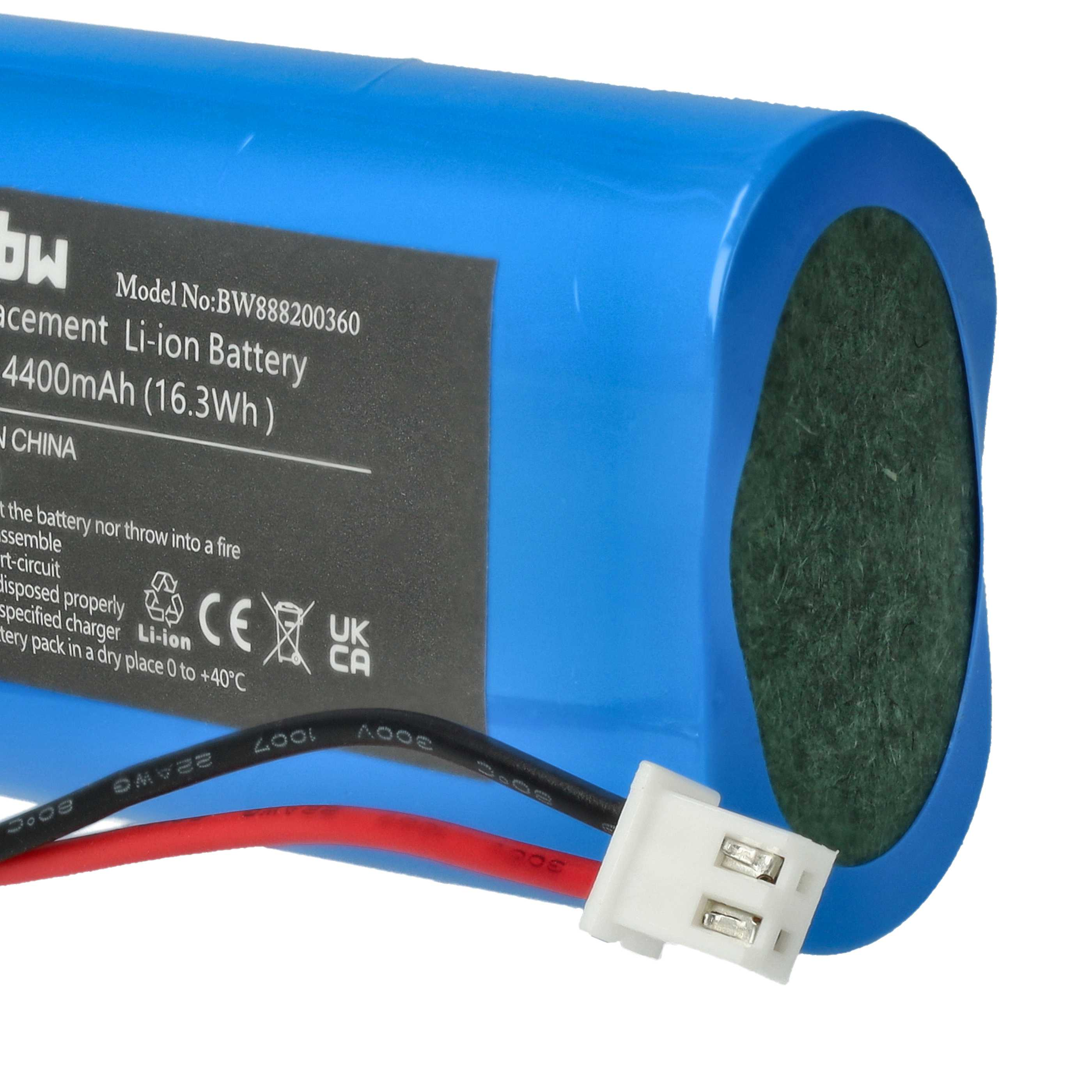 Nahaufnahme einer blauen zylindrischen Batterie mit Text und weißem Stecker.