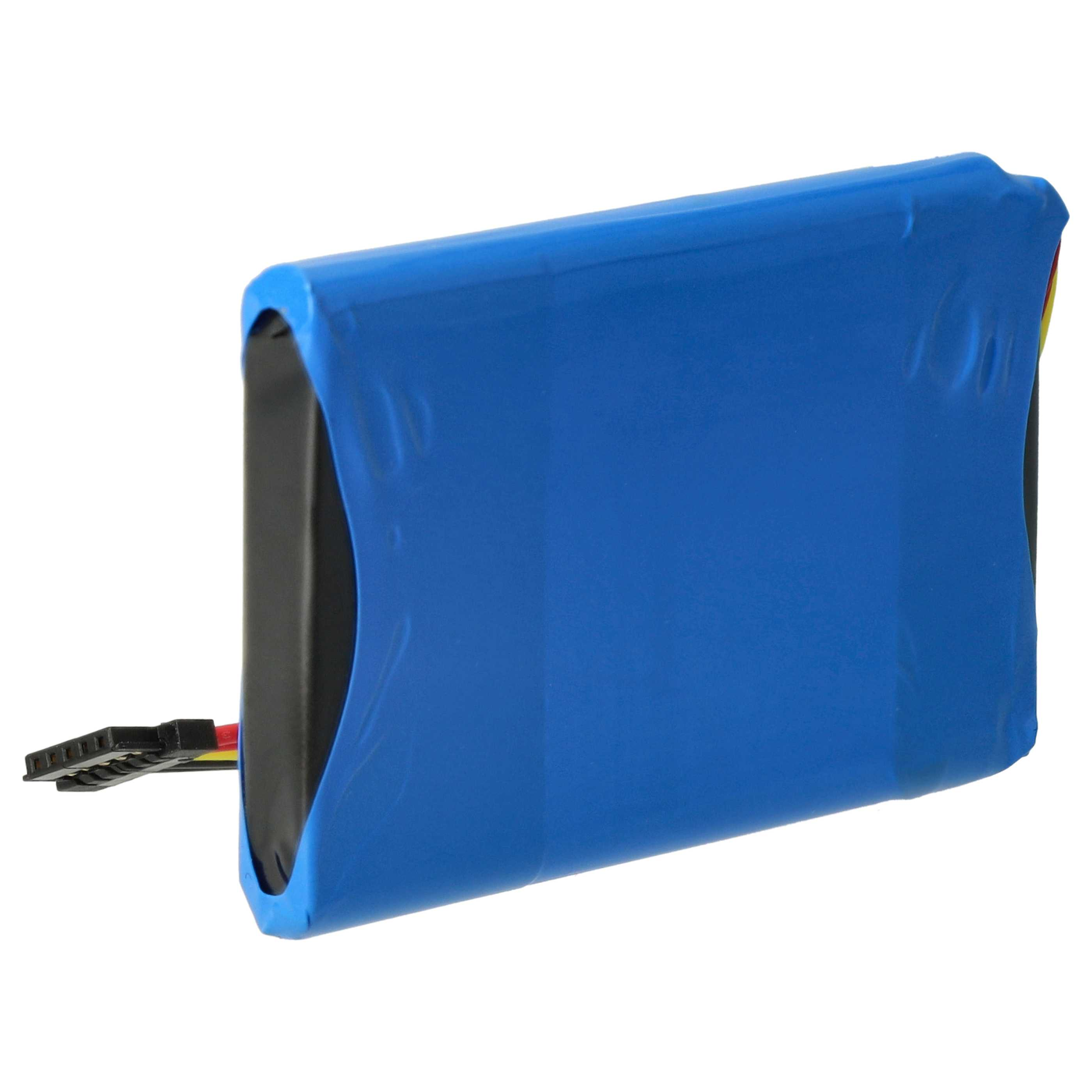 Blauer Akku mit schwarzem Stecker und Drähten.