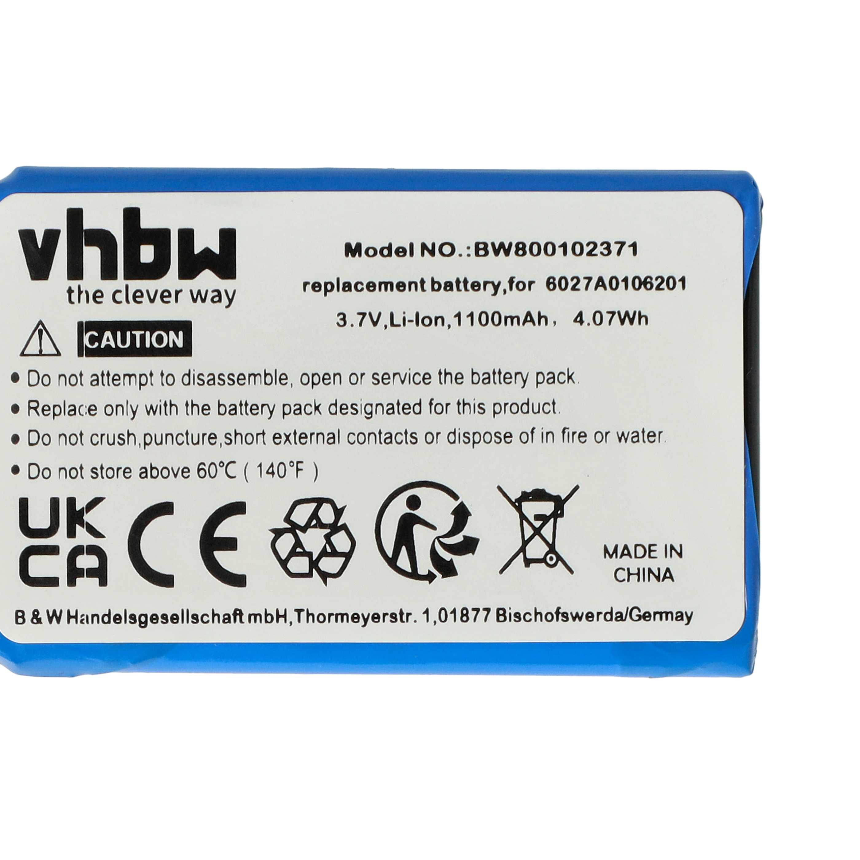 Ein Produktetikett mit Warnhinweisen und Recycling-Symbolen. Zeigt Batterie-Details und Herstellerinformationen.