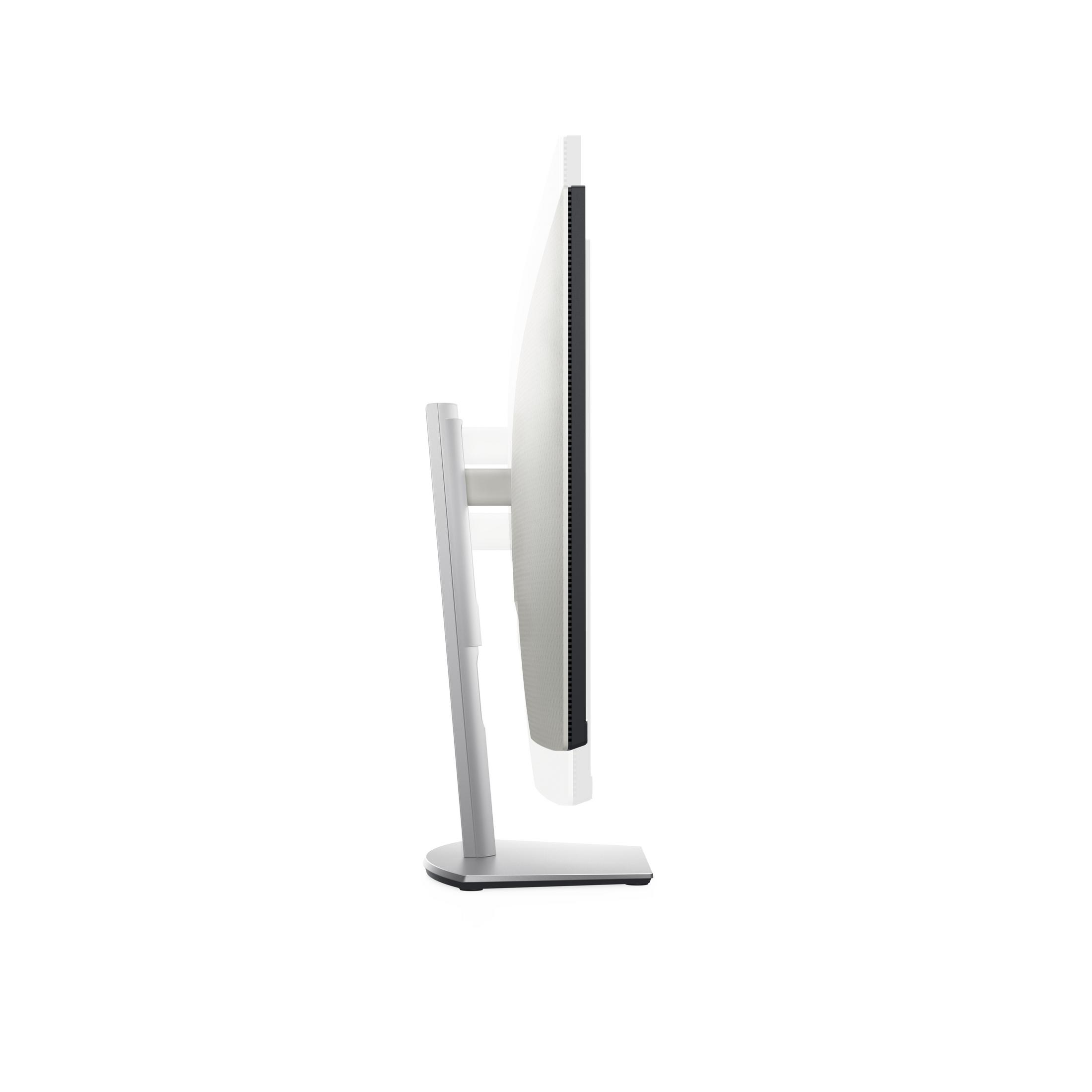 Vista laterale di un monitor. Supporto e cornice argentati, schermo bianco, cornice nera.